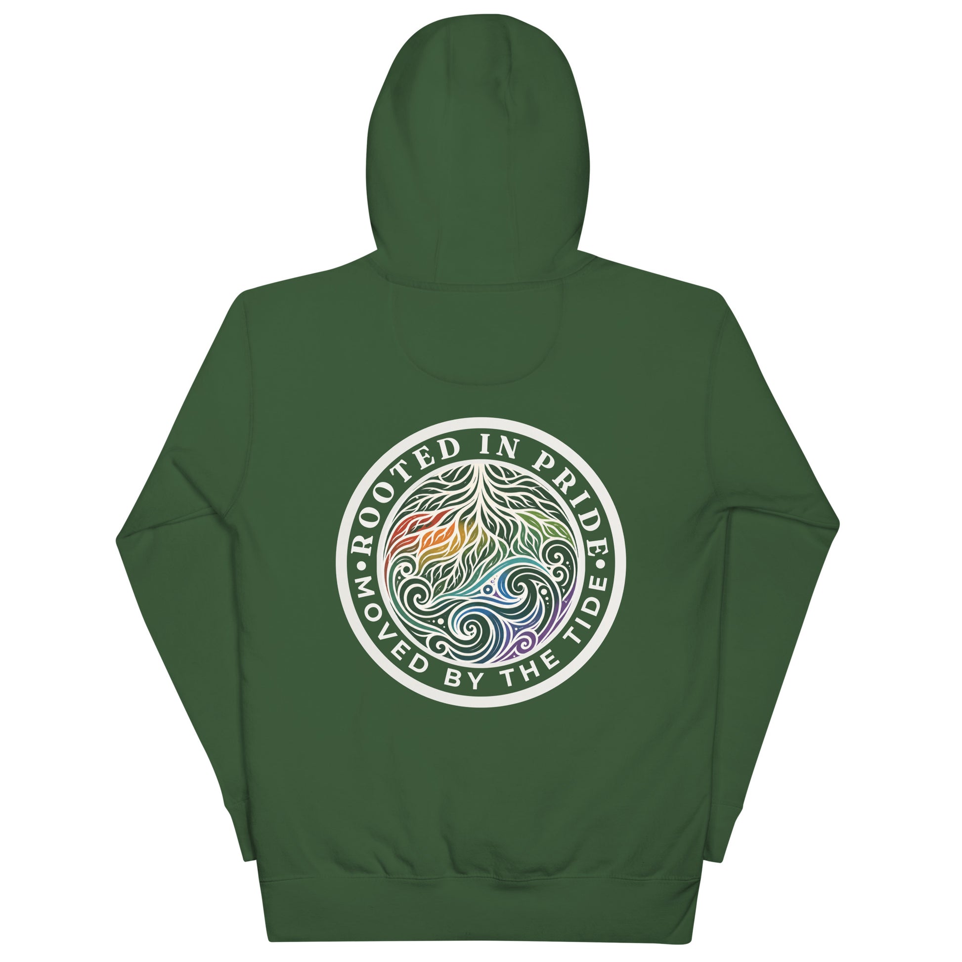 Moved by the Tide Hoodie — forest green, back view, queer-owned PNW Pride apparel