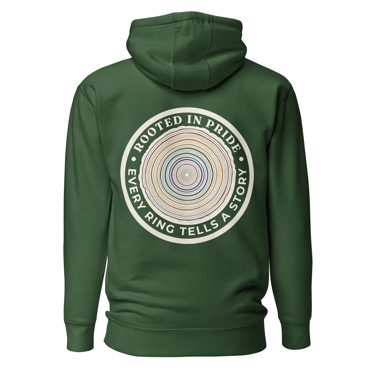 Quiet Rings Hoodie — forest green, back view, queer-owned PNW Pride apparel