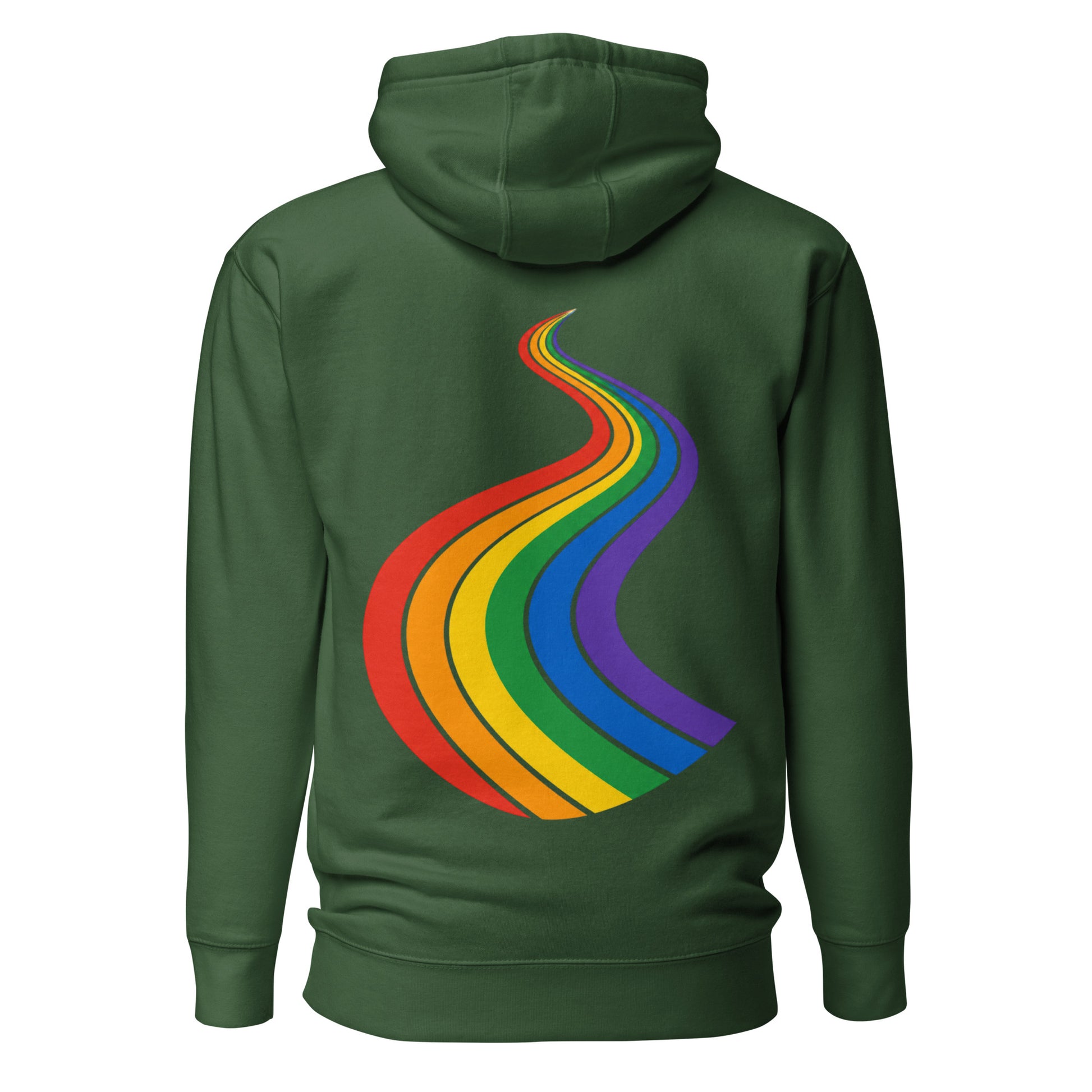 ProudPath Hoodie — forest green, back view, queer-owned PNW Pride apparel