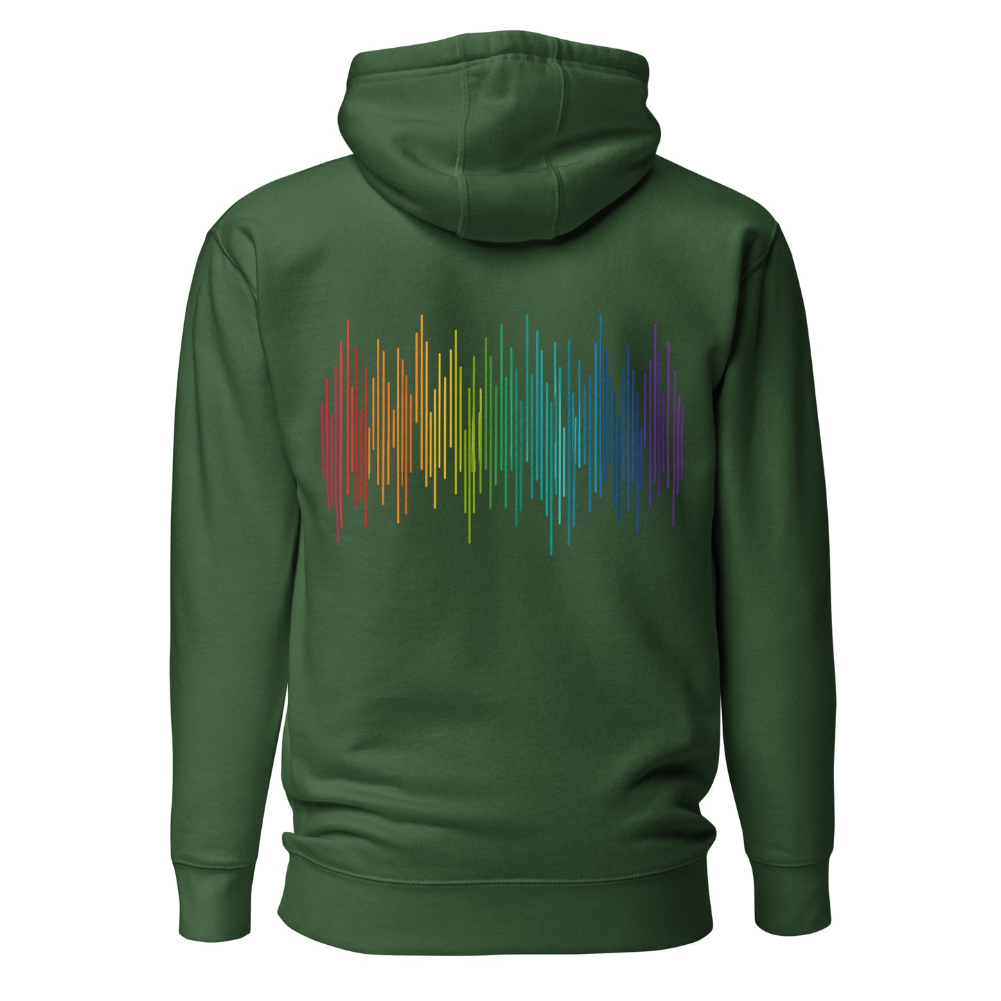 PrideFall Hoodie — forest green, back view, queer-owned PNW Pride apparel