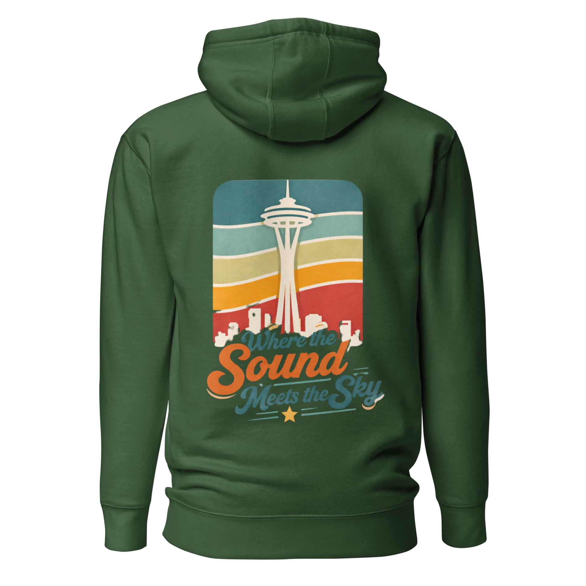 Where the Sound Meets the Sky Hoodie — forest green, back view, queer-owned PNW Pride apparel