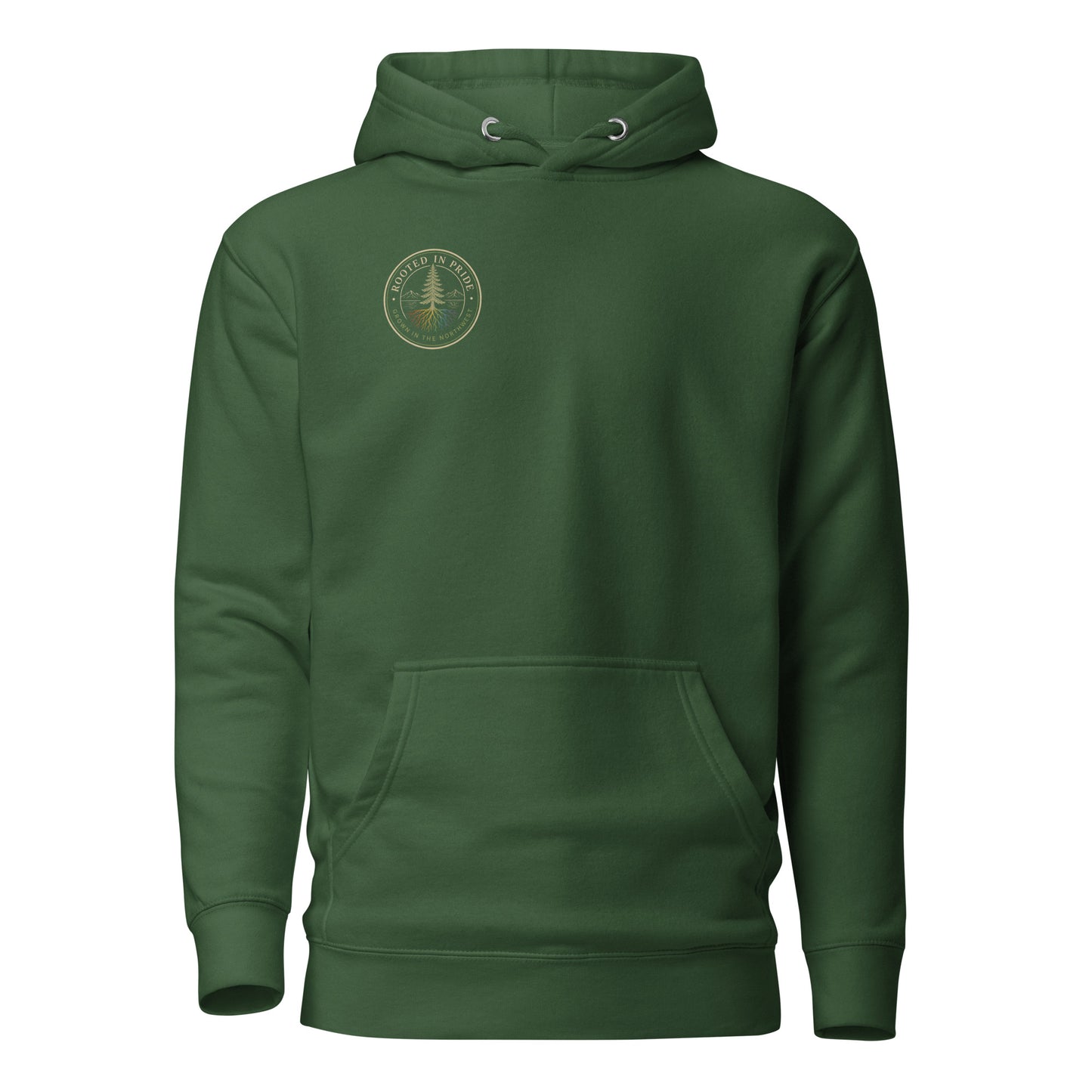 Beneath the Canopy Hoodie — forest green, front view, queer-owned PNW Pride apparel