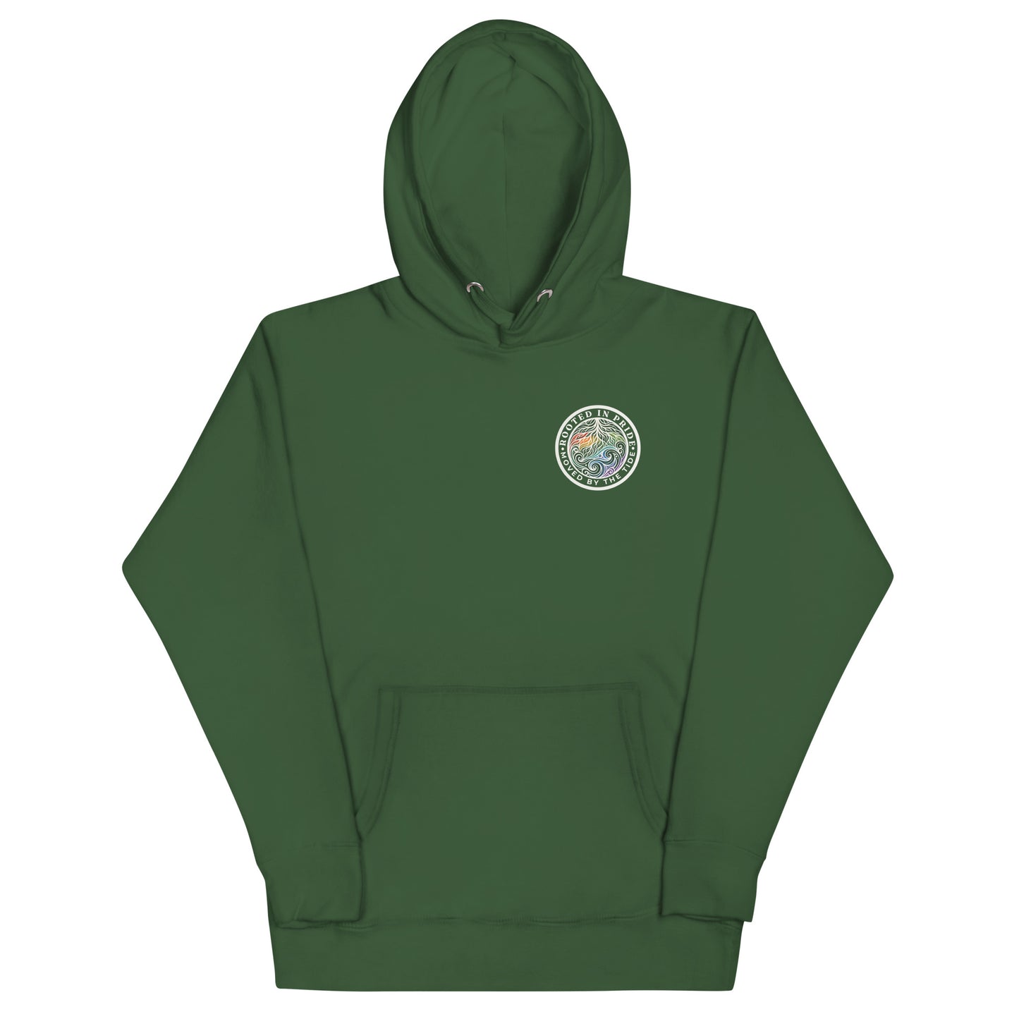 Moved by the Tide Hoodie — forest green, front view, queer-owned PNW Pride apparel