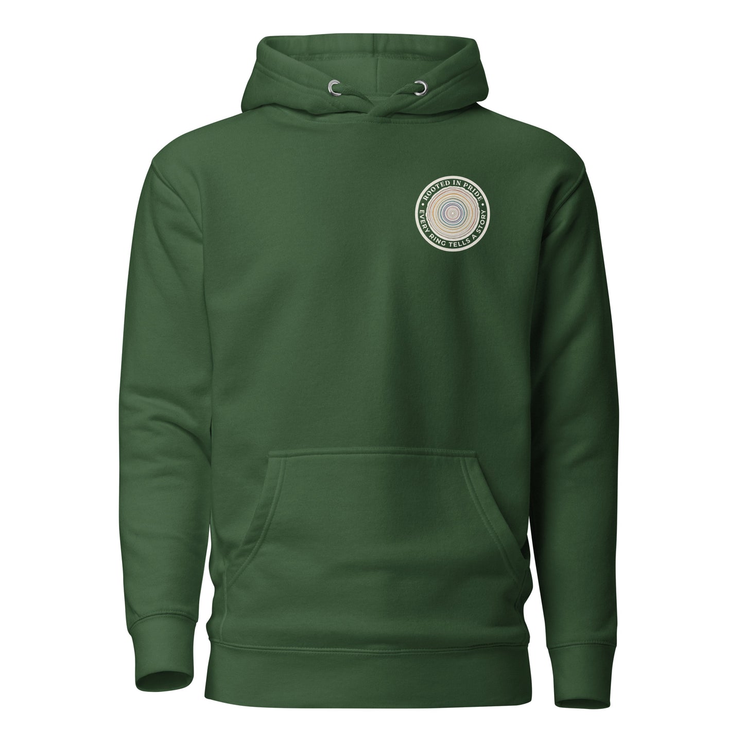 Quiet Rings Hoodie — forest green, front view, queer-owned PNW Pride apparel