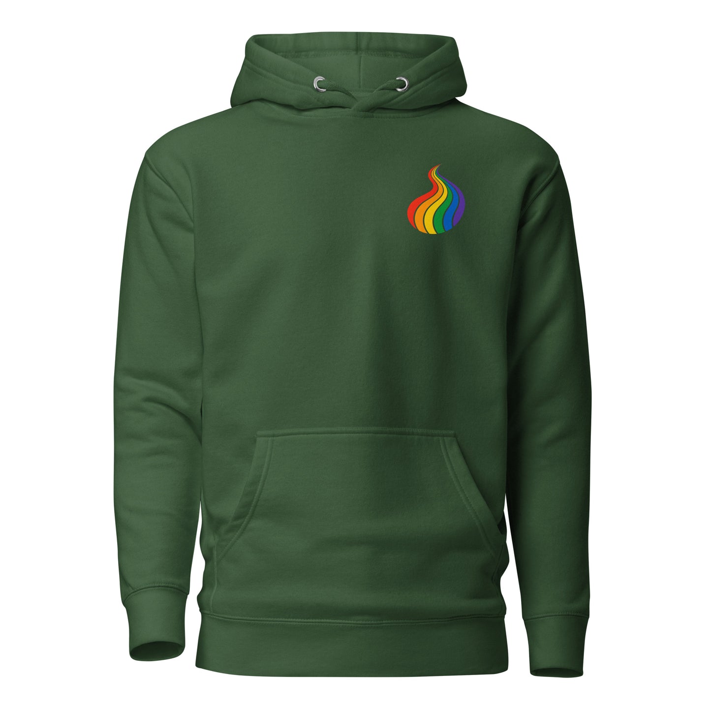 ProudPath Hoodie — forest green, front view, queer-owned PNW Pride apparel