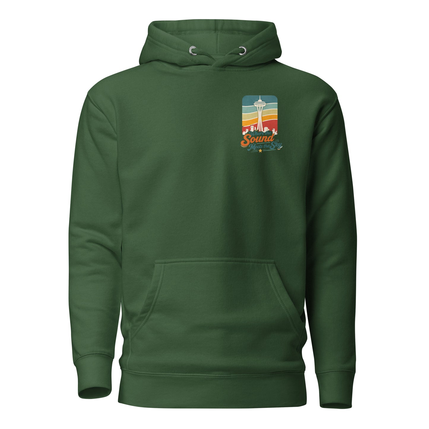 Where the Sound Meets the Sky Hoodie — forest green, front view, queer-owned PNW Pride apparel