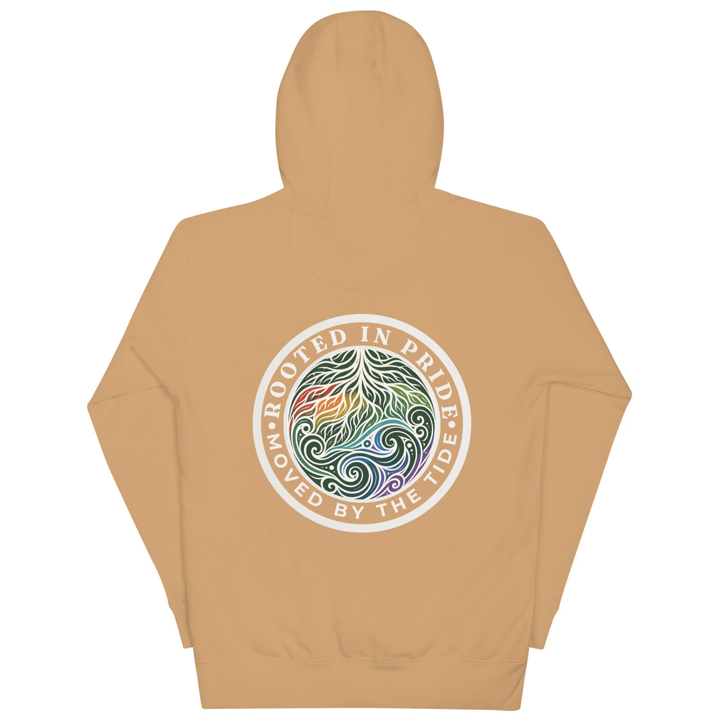 Moved by the Tide Hoodie — khaki, back view, queer-owned PNW Pride apparel
