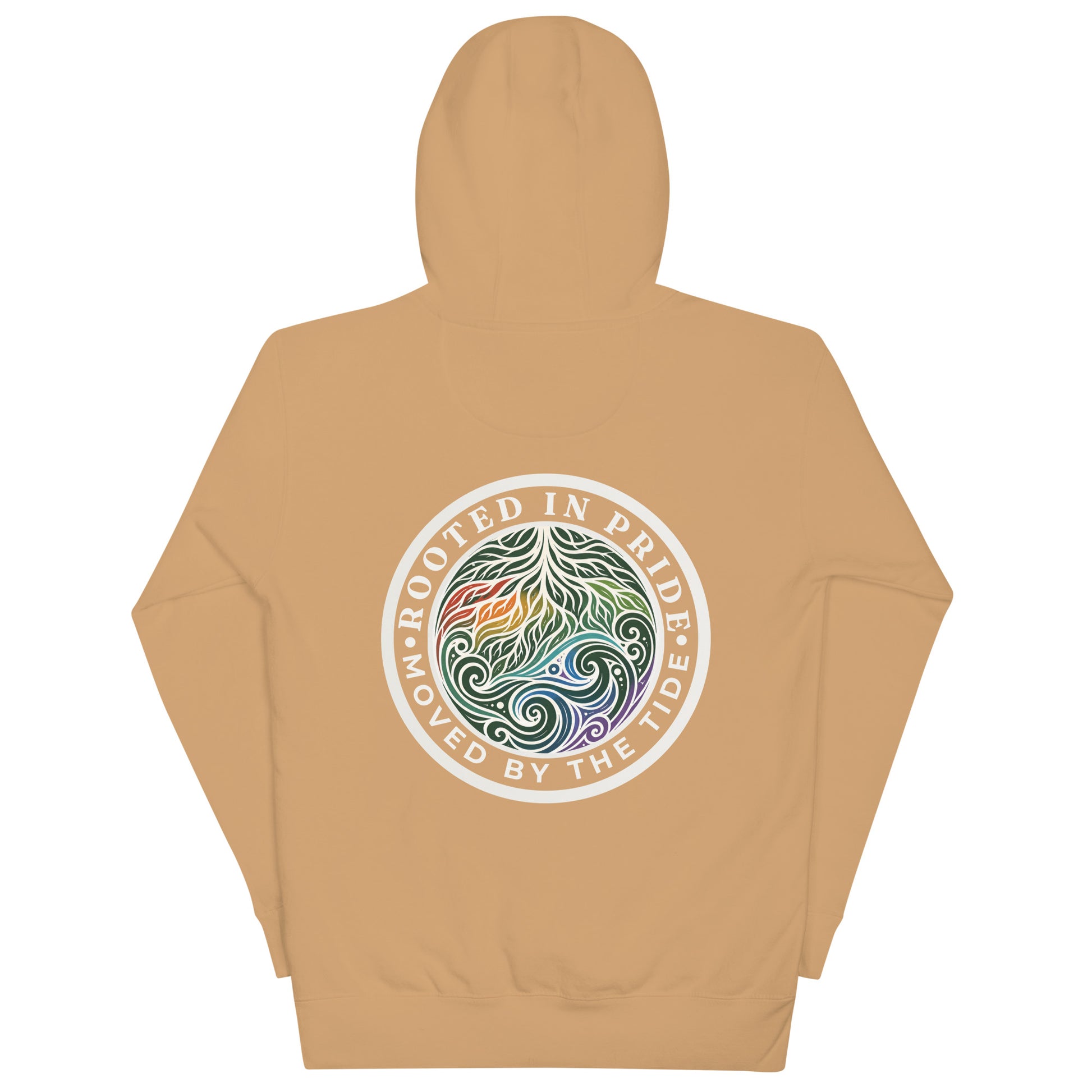 Moved by the Tide Hoodie — khaki, back view, queer-owned PNW Pride apparel