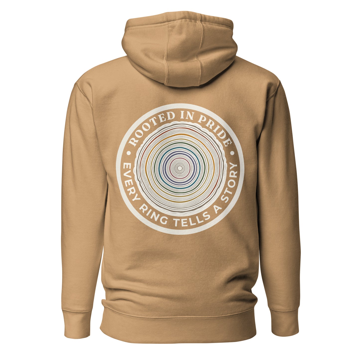 Quiet Rings Hoodie — khaki, back view, queer-owned PNW Pride apparel
