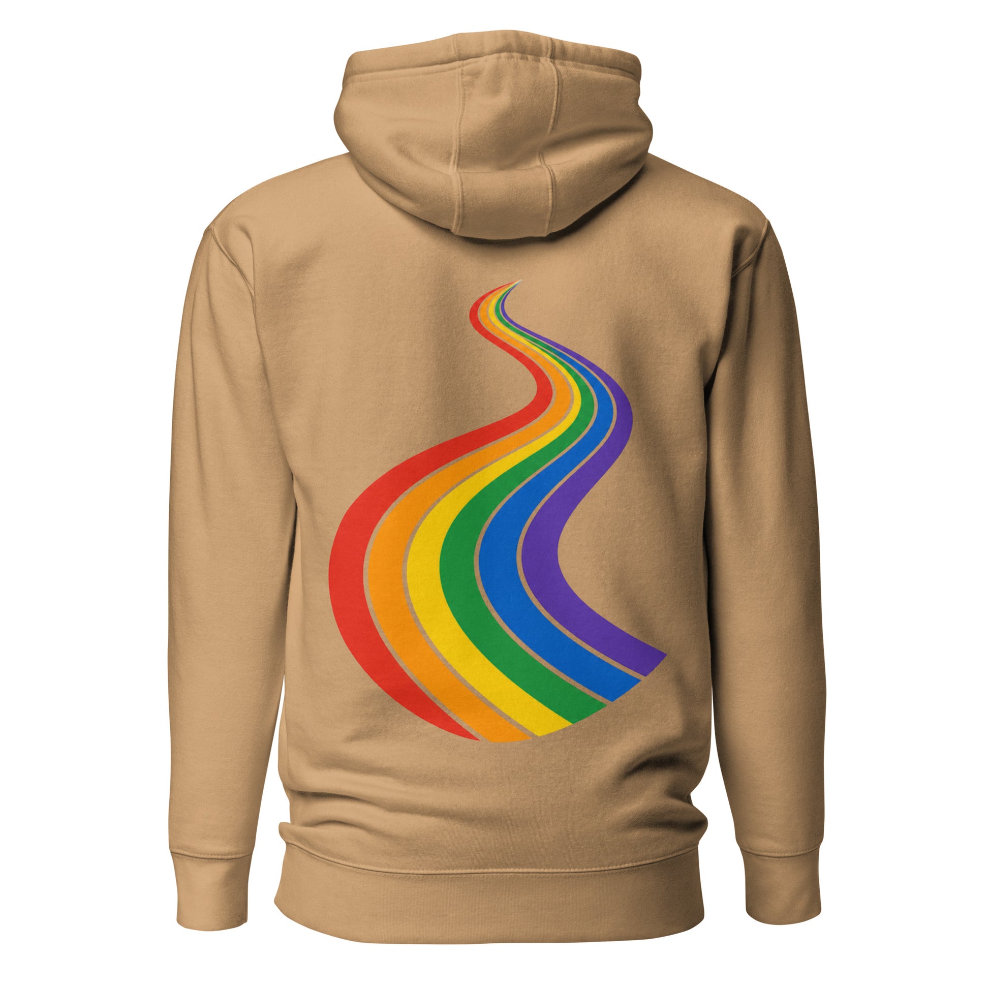 ProudPath Hoodie — khaki, back view, queer-owned PNW Pride apparel