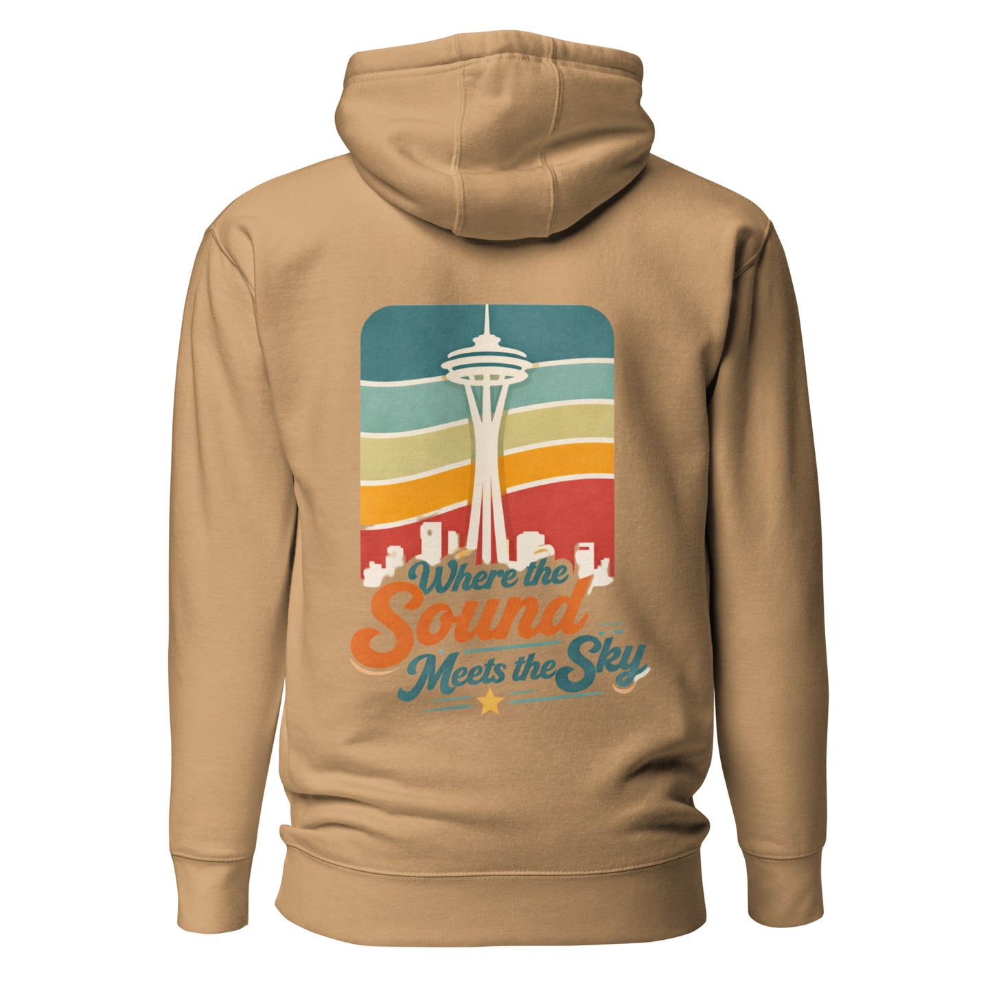 Where the Sound Meets the Sky Hoodie — khaki, back view, queer-owned PNW Pride apparel