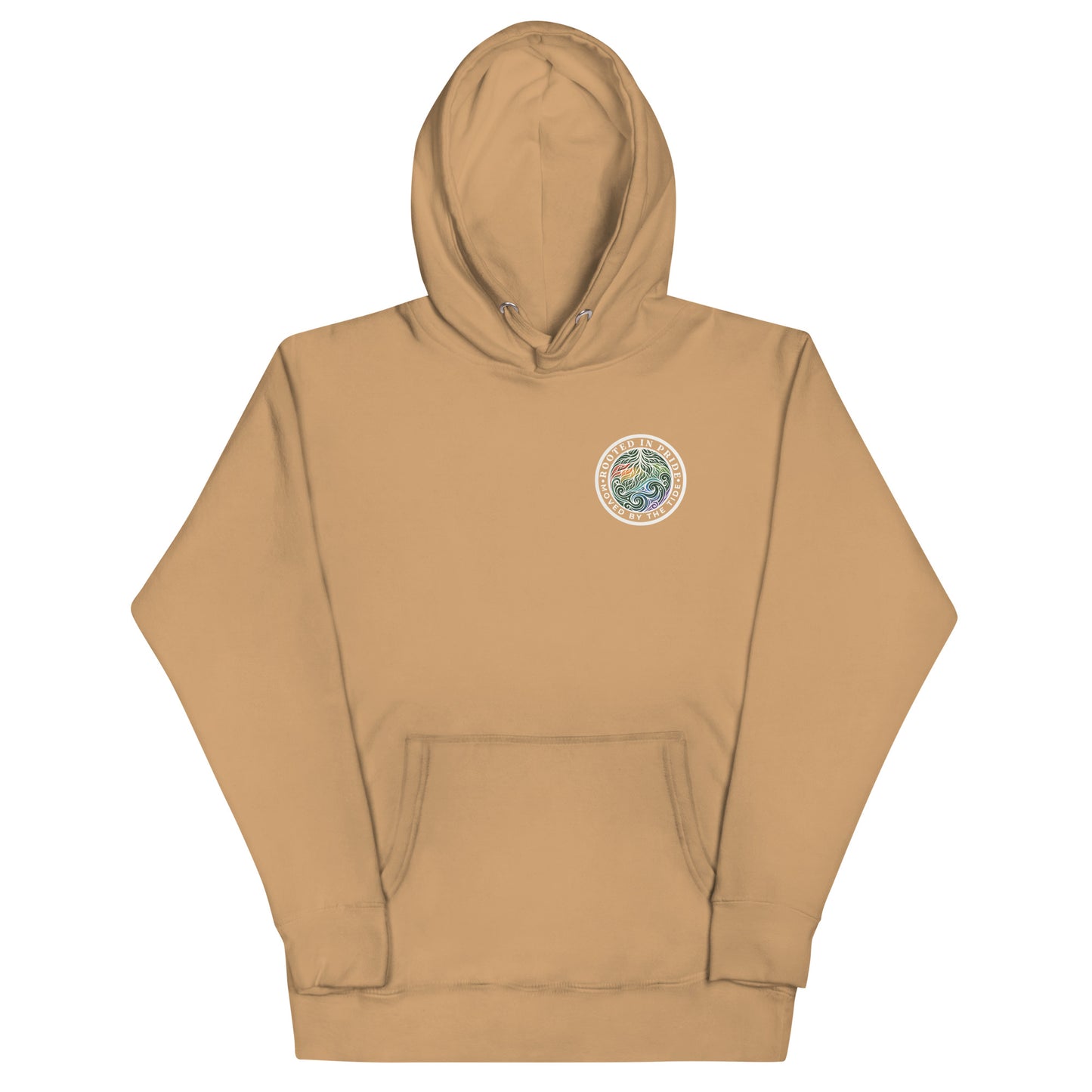 Moved by the Tide Hoodie — khaki, front view, queer-owned PNW Pride apparel
