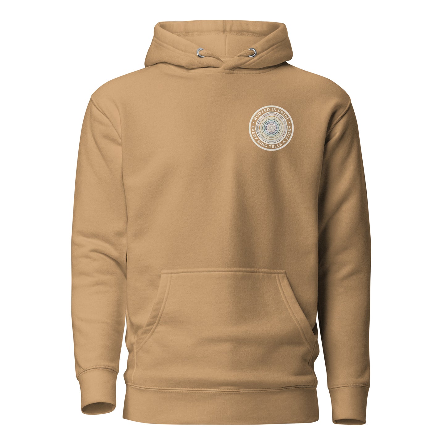 Quiet Rings Hoodie — khaki, front view, queer-owned PNW Pride apparel