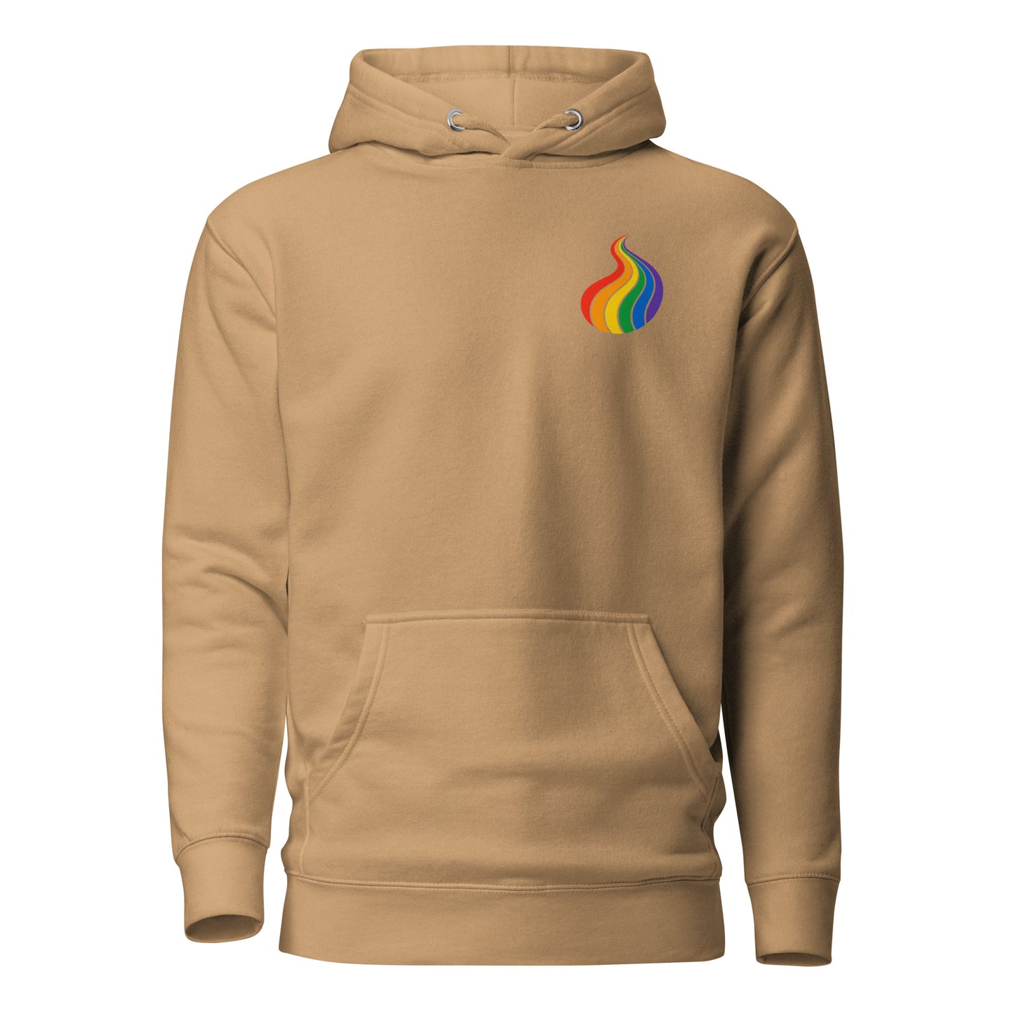 ProudPath Hoodie — khaki, front view, queer-owned PNW Pride apparel