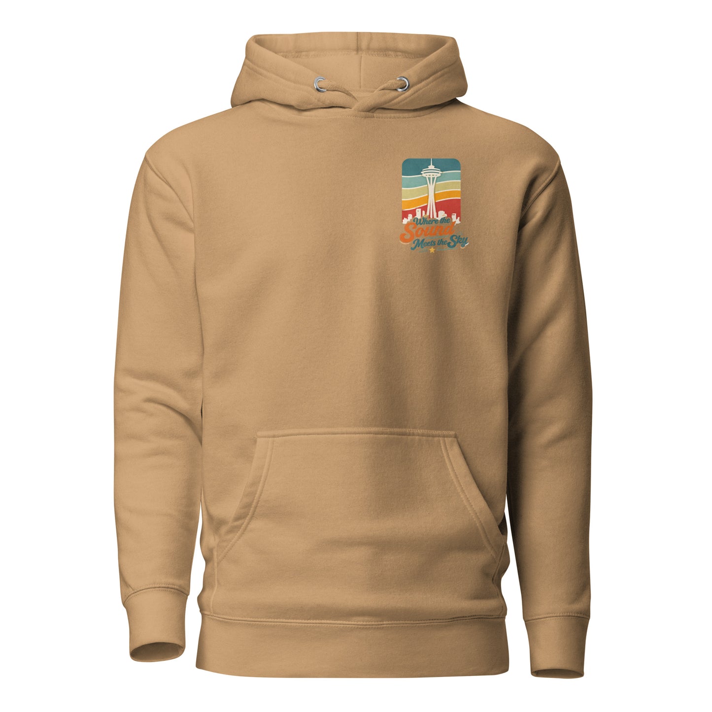 Where the Sound Meets the Sky Hoodie — khaki, front view, queer-owned PNW Pride apparel