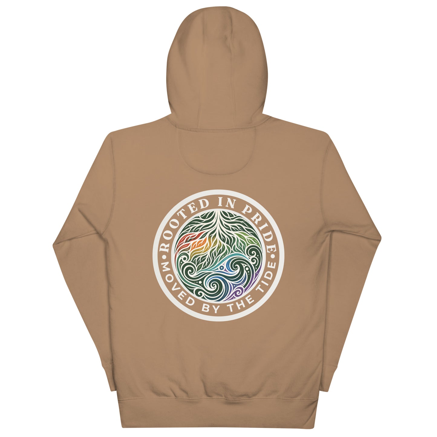 Moved by the Tide Hoodie — latte, back view, queer-owned PNW Pride apparel