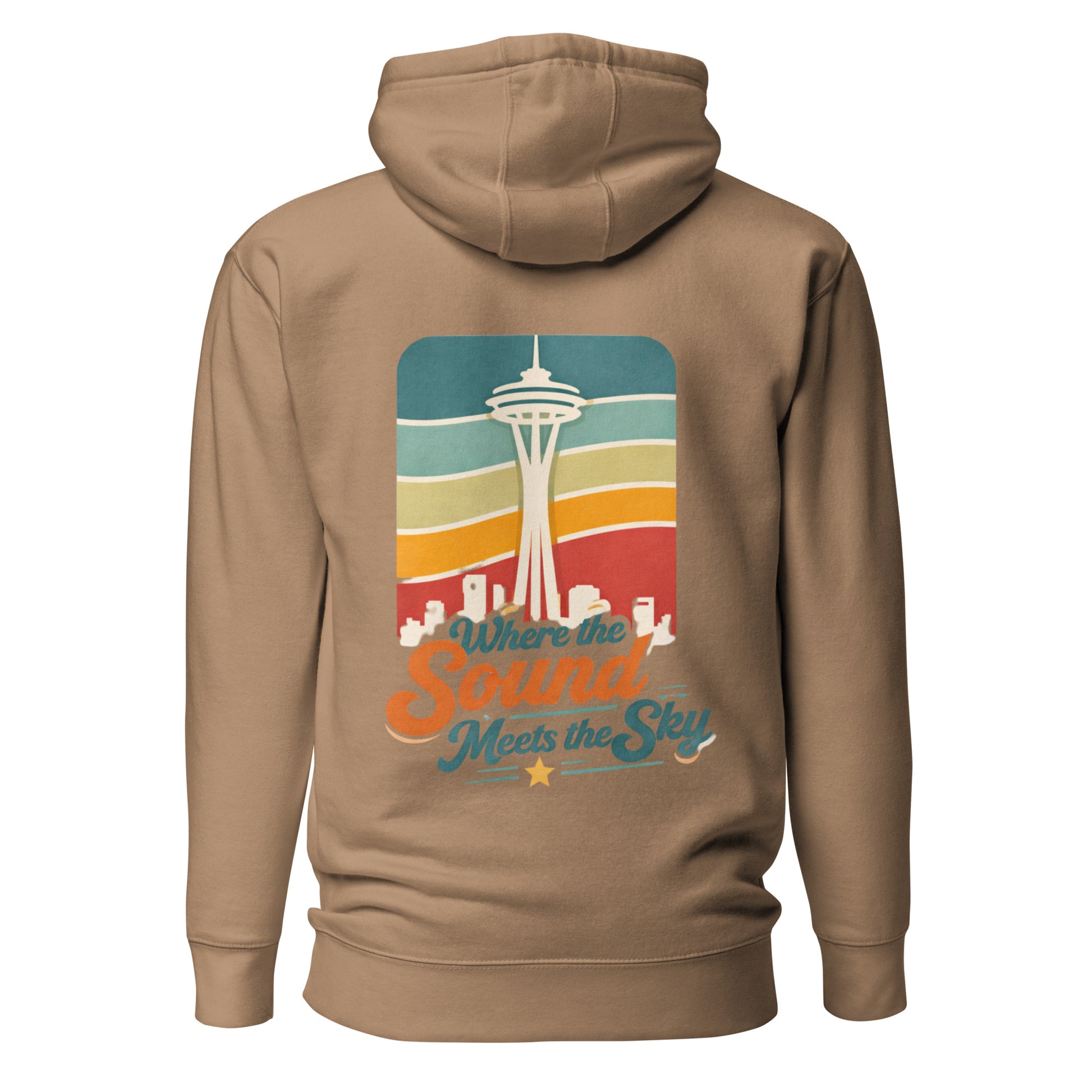 Where the Sound Meets the Sky Hoodie — latte, back view, queer-owned PNW Pride apparel