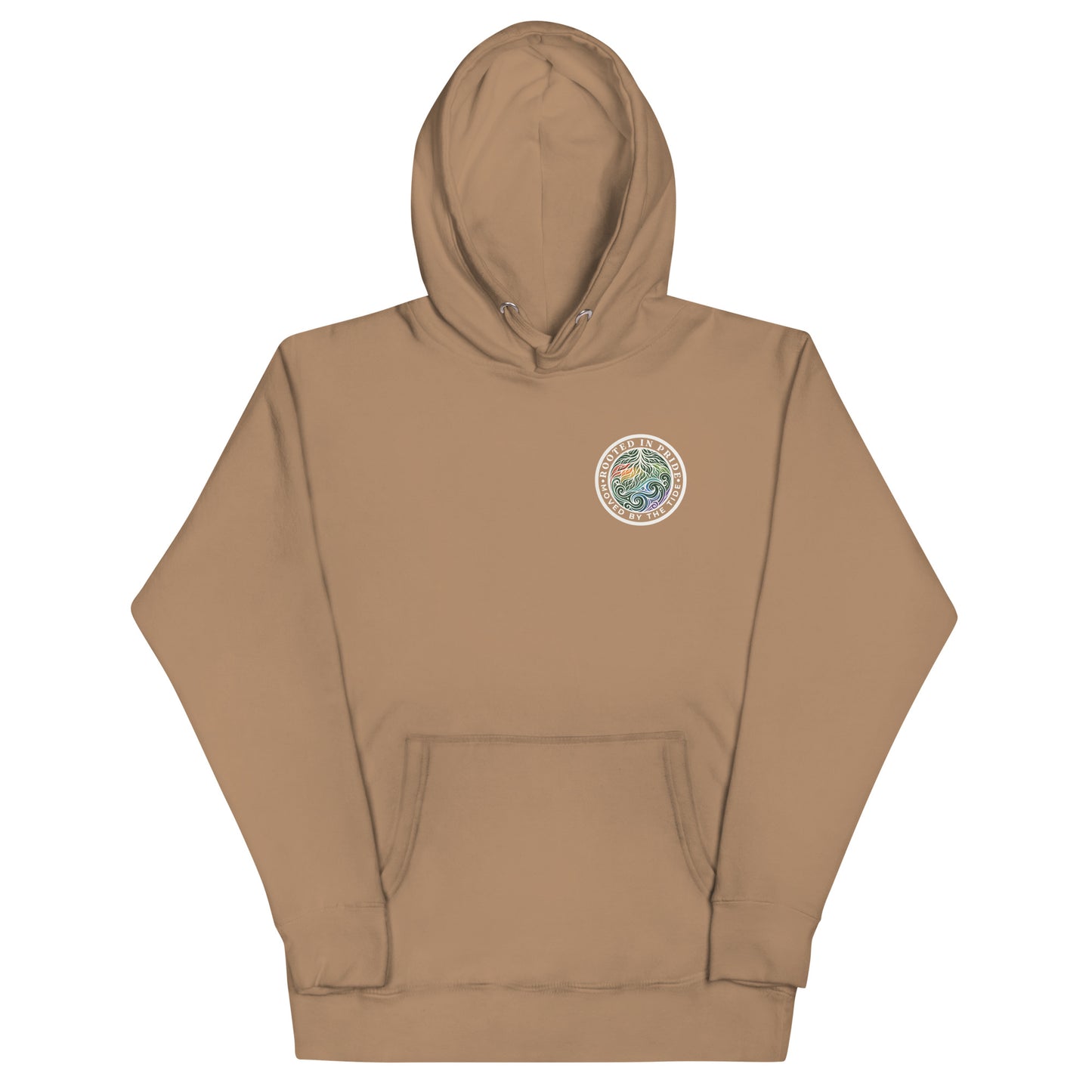 Moved by the Tide Hoodie — latte, front view, queer-owned PNW Pride apparel