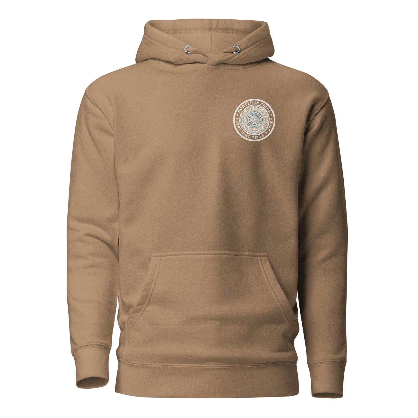 Quiet Rings Hoodie — latte, front view, queer-owned PNW Pride apparel