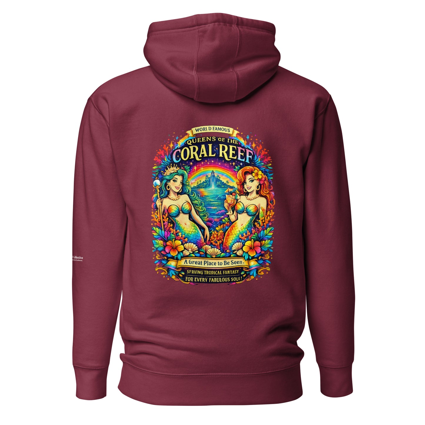 Queens of the Coral Reef Hoodie — maroon, back view, queer-owned PNW Pride apparel
