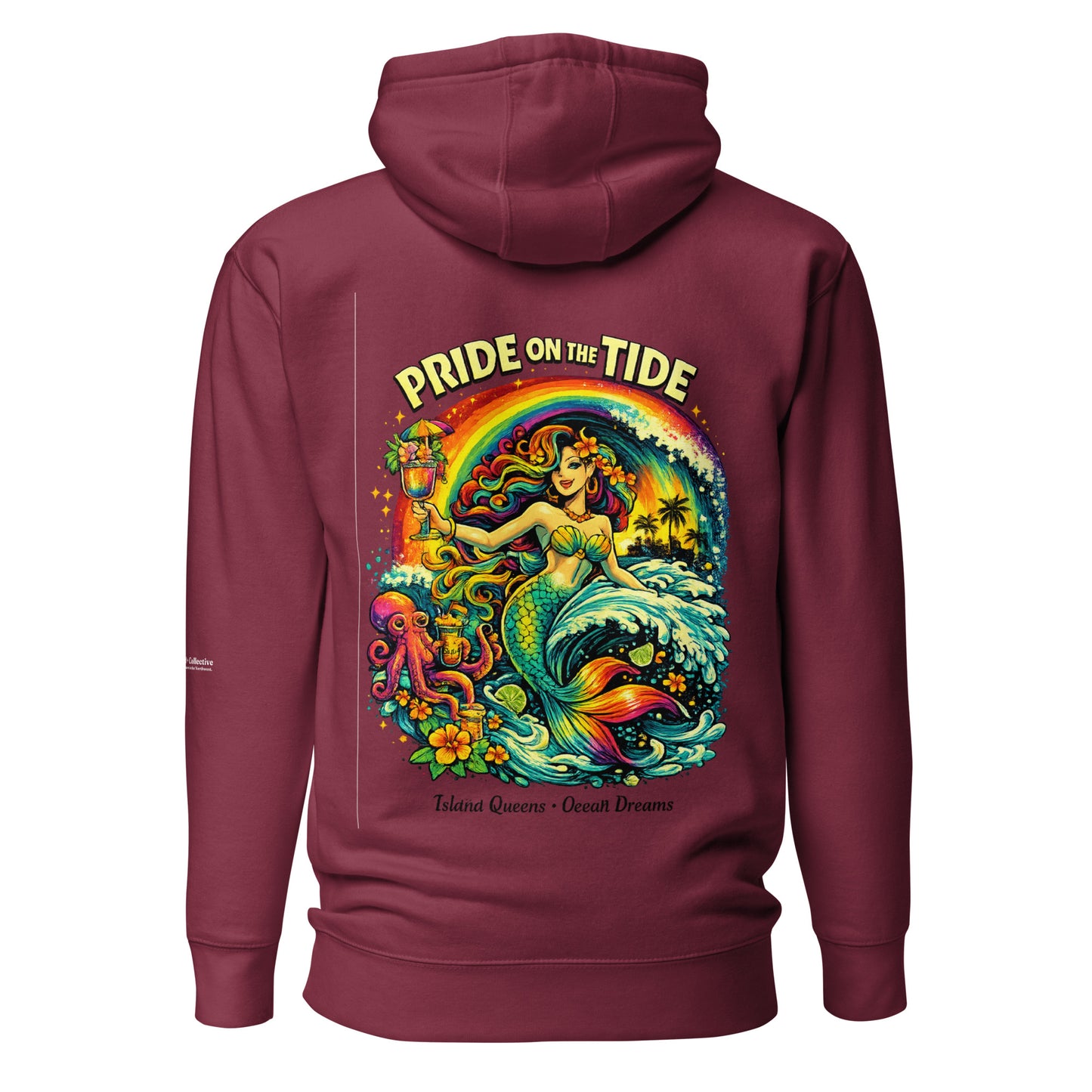 Pride on the Tide Hoodie — maroon, back view, queer-owned PNW Pride apparel