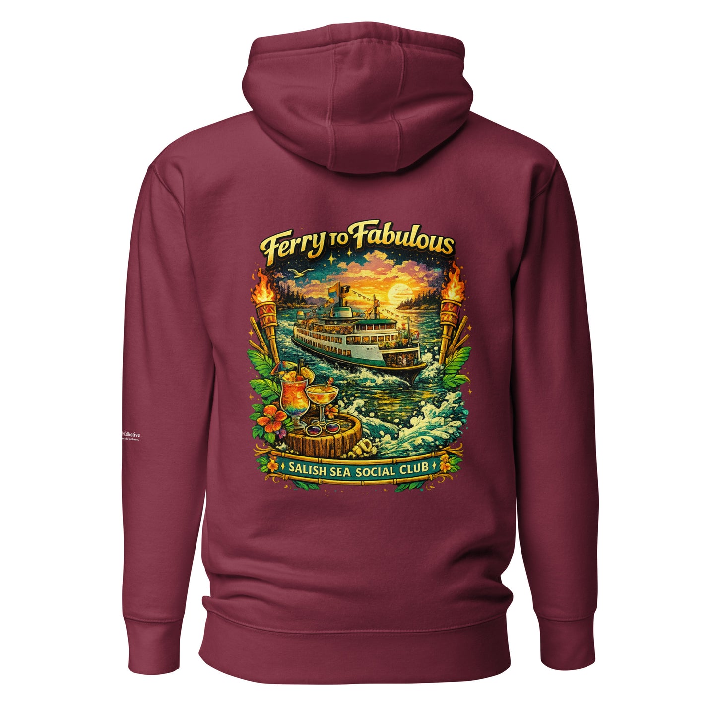 Ferry to Fabulous Hoodie — maroon, back view, queer-owned PNW Pride apparel