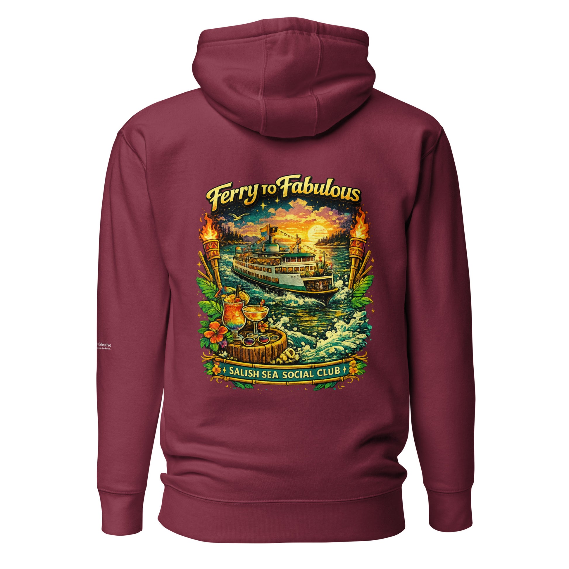 Ferry to Fabulous Hoodie — maroon, back view, queer-owned PNW Pride apparel