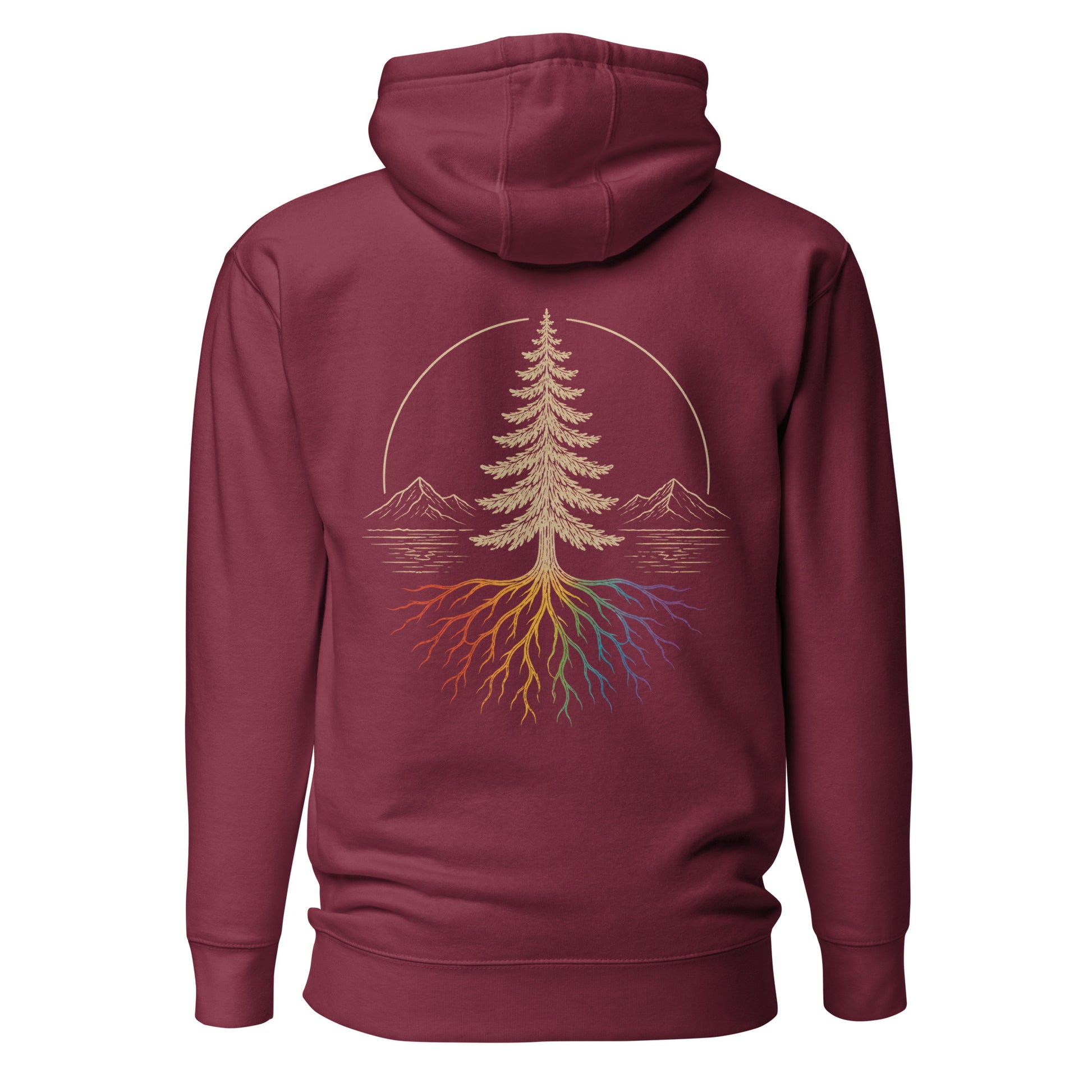 Beneath the Canopy Hoodie — maroon, back view, queer-owned PNW Pride apparel
