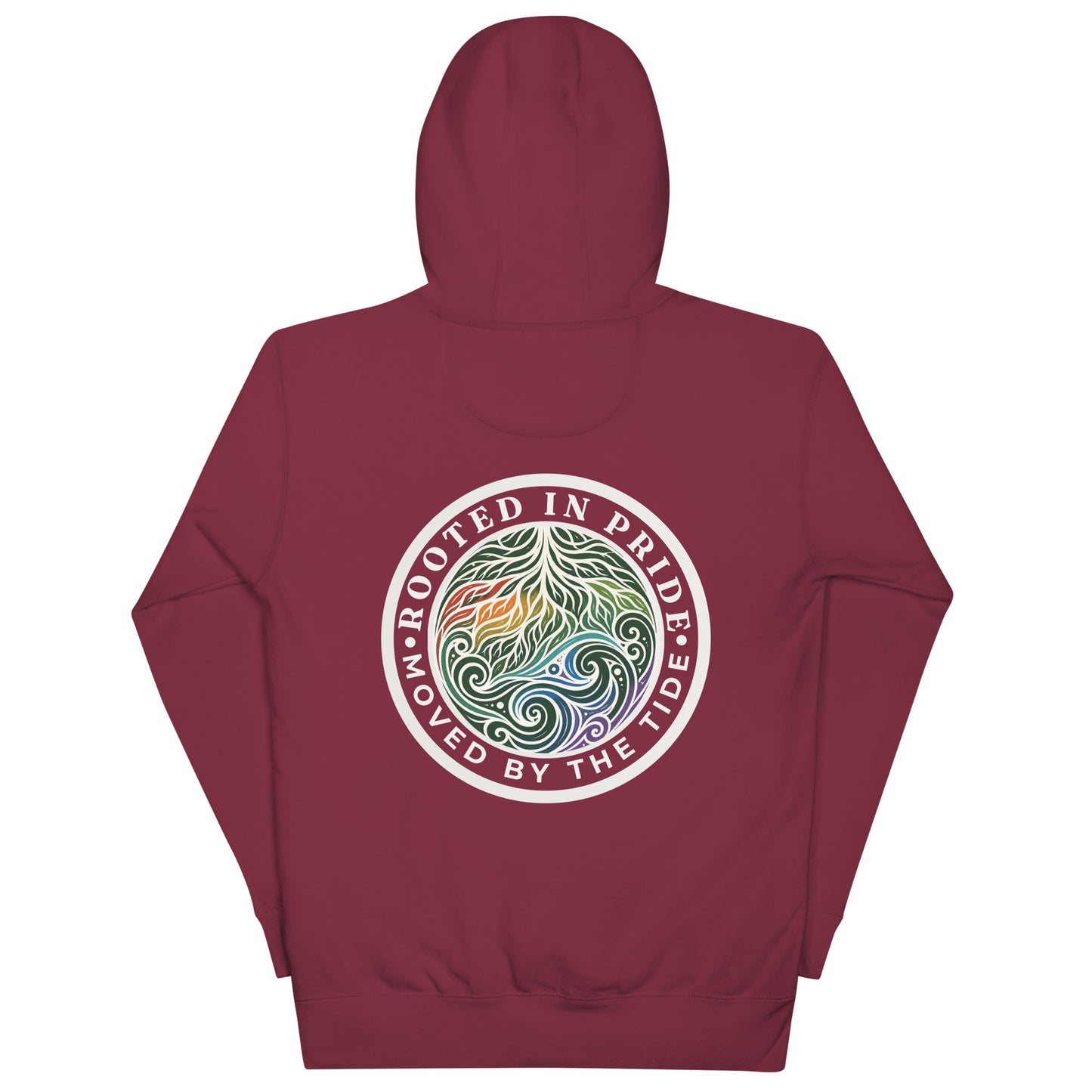 Moved by the Tide Hoodie — maroon, back view, queer-owned PNW Pride apparel