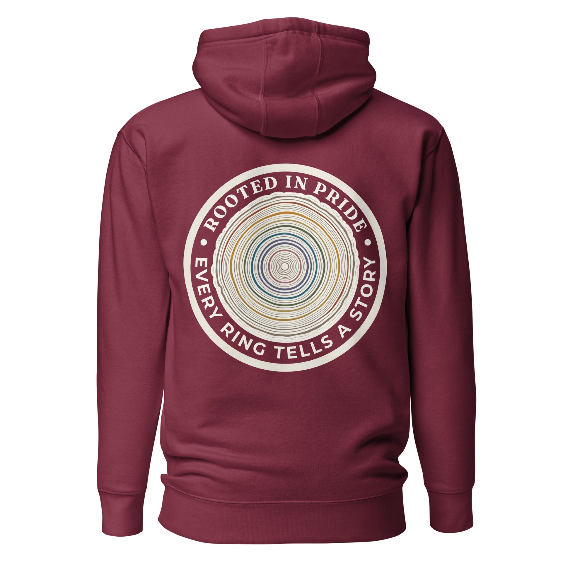 Quiet Rings Hoodie — maroon, back view, queer-owned PNW Pride apparel