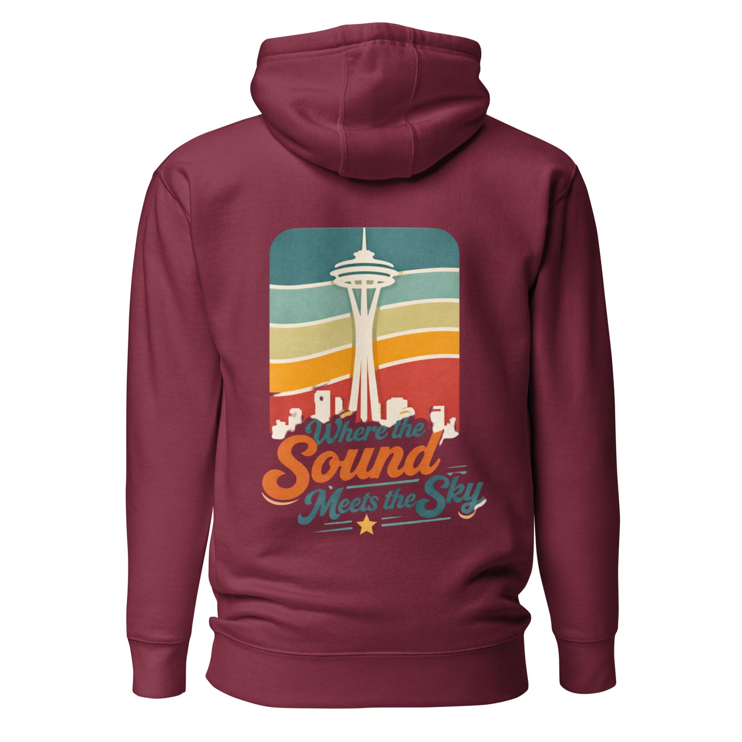 Where the Sound Meets the Sky Hoodie — maroon, back view, queer-owned PNW Pride apparel