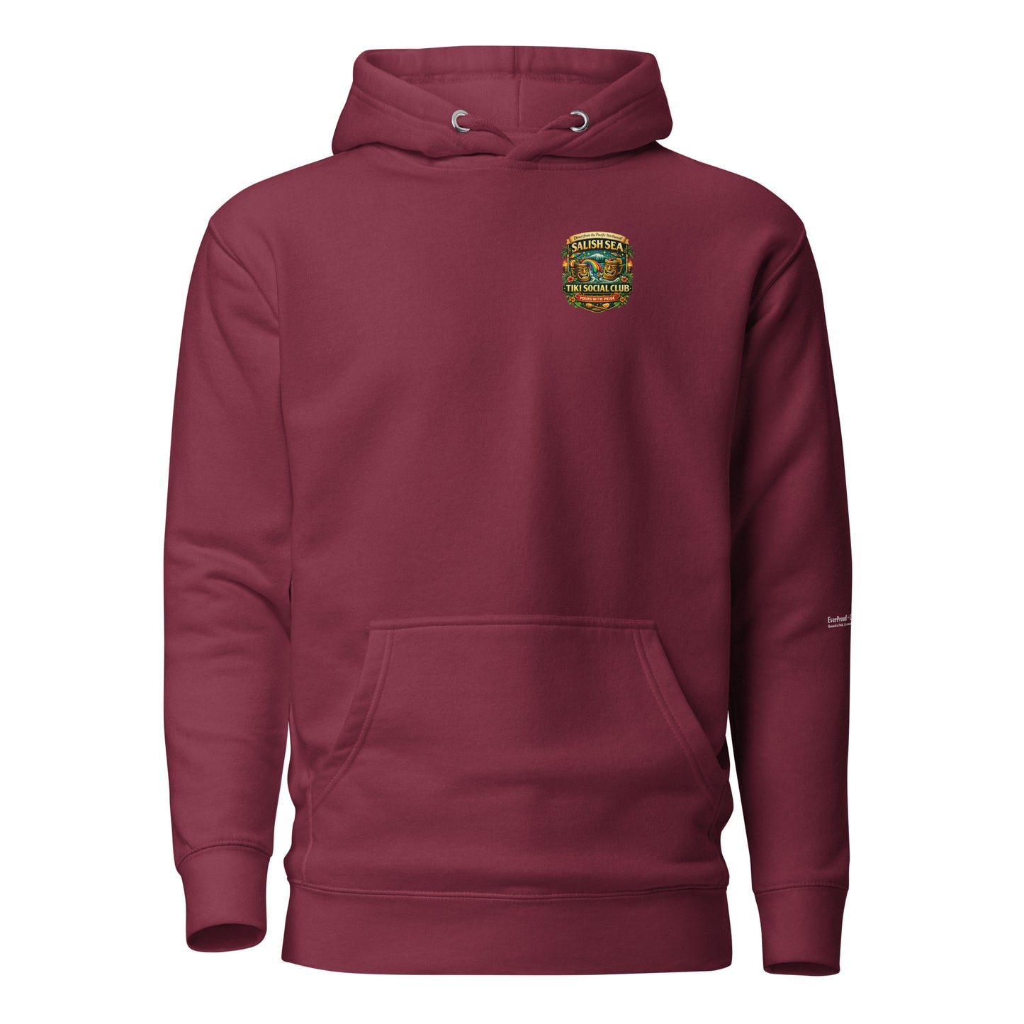 Tiki Drag Brunch Hoodie — maroon, front view, queer-owned PNW Pride apparel