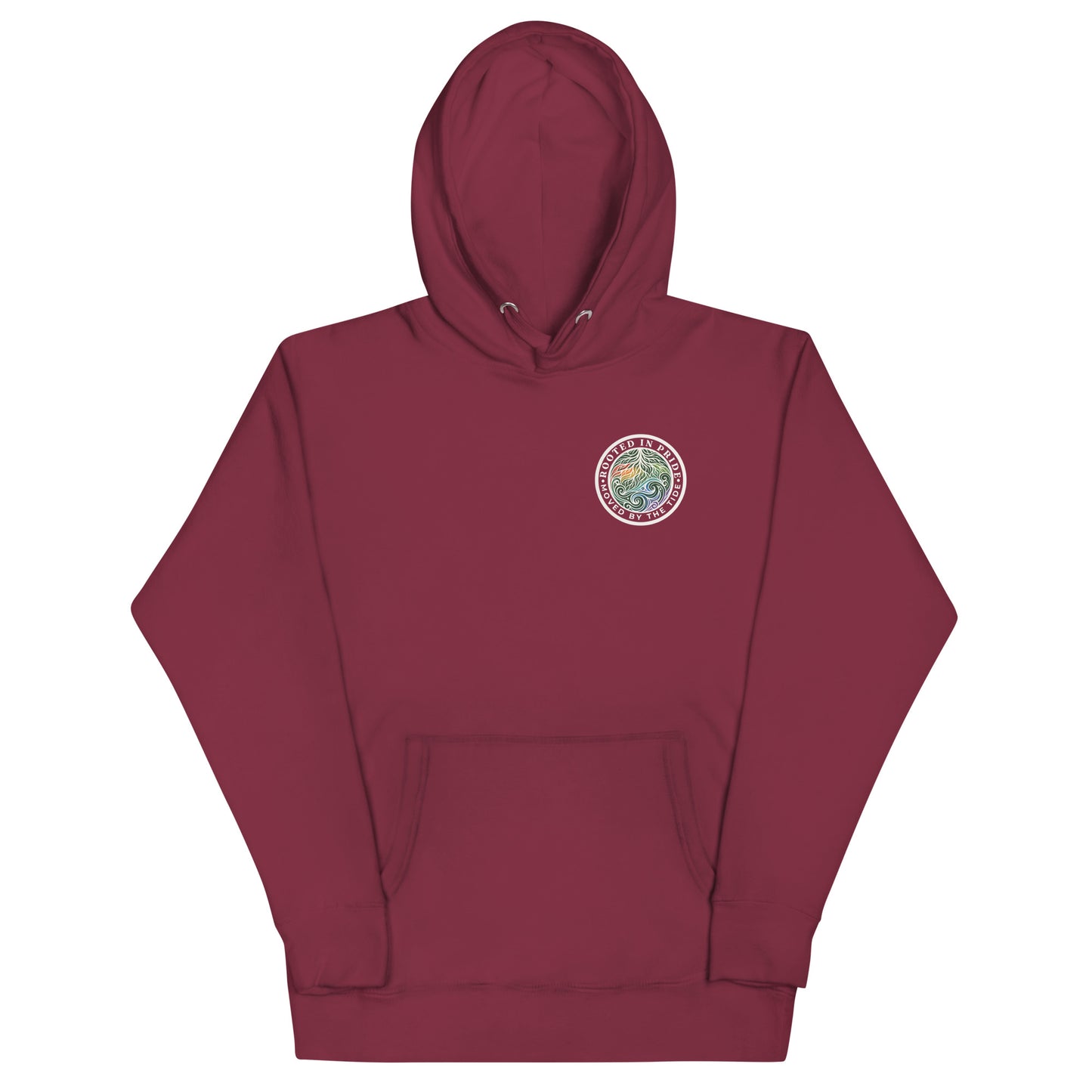 Moved by the Tide Hoodie — maroon, front view, queer-owned PNW Pride apparel