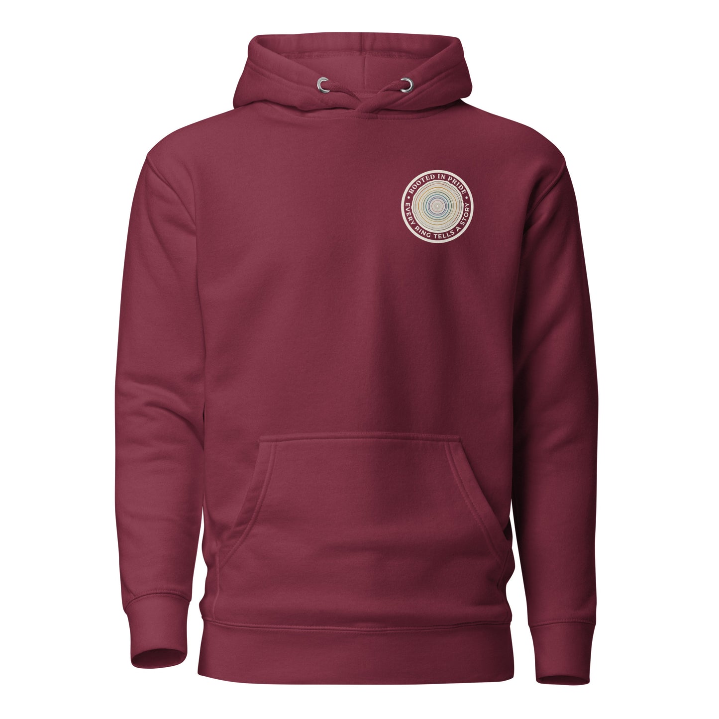 Quiet Rings Hoodie — maroon, front view, queer-owned PNW Pride apparel