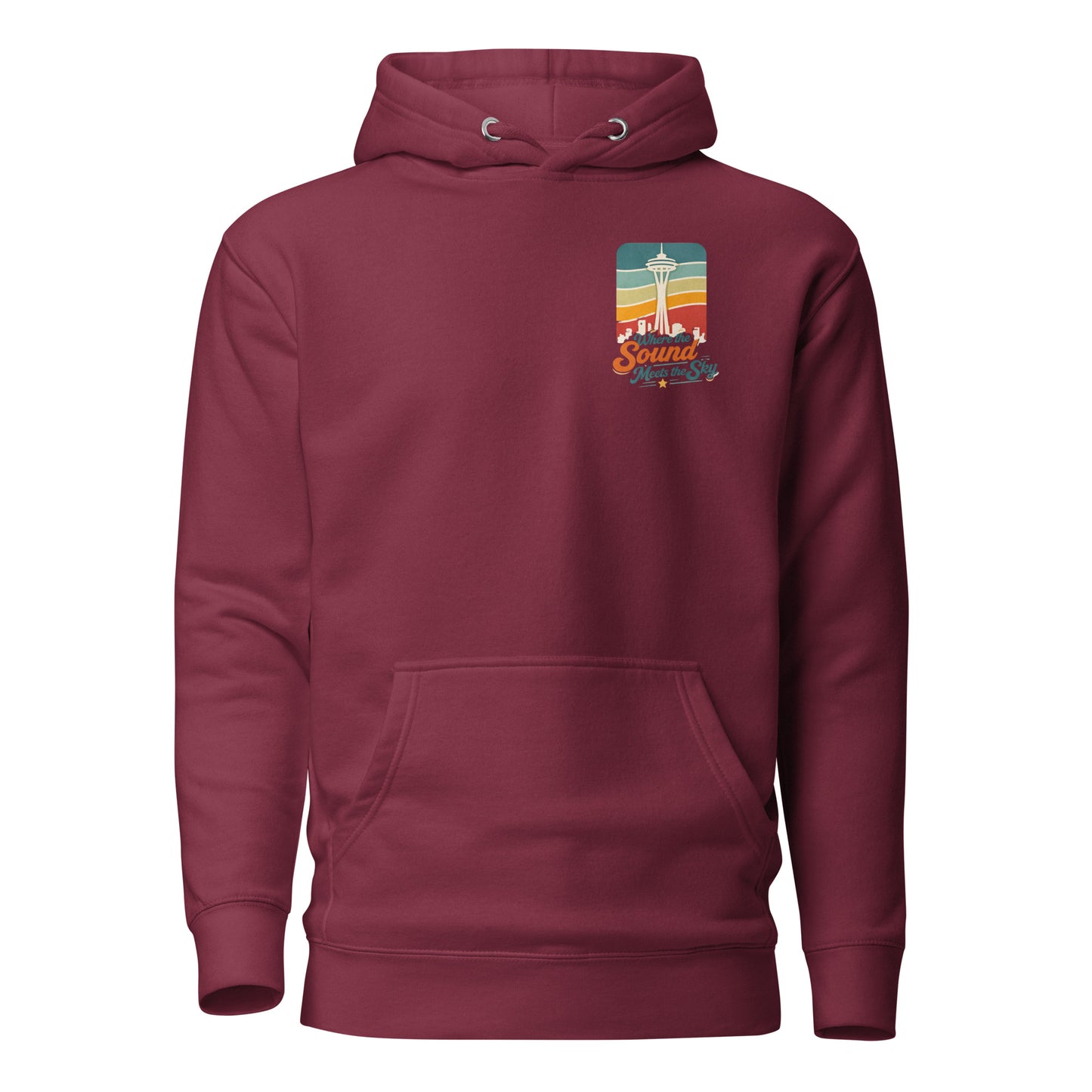 Where the Sound Meets the Sky Hoodie — maroon, front view, queer-owned PNW Pride apparel