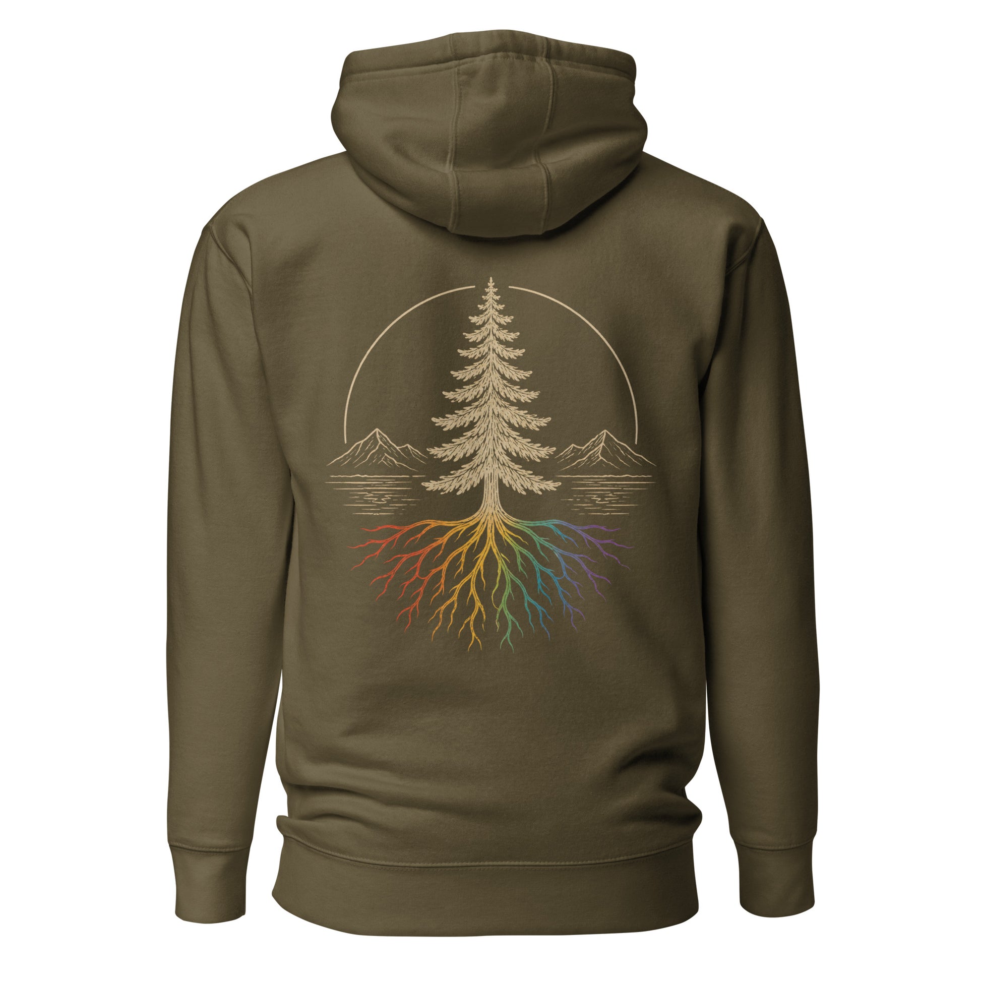 Beneath the Canopy Hoodie — military green, back view, queer-owned PNW Pride apparel