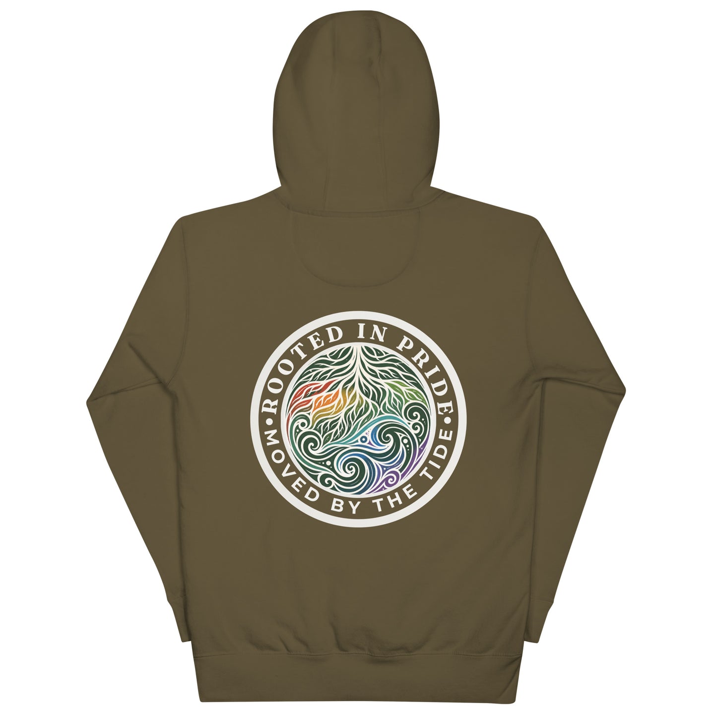 Moved by the Tide Hoodie — military green, back view, queer-owned PNW Pride apparel