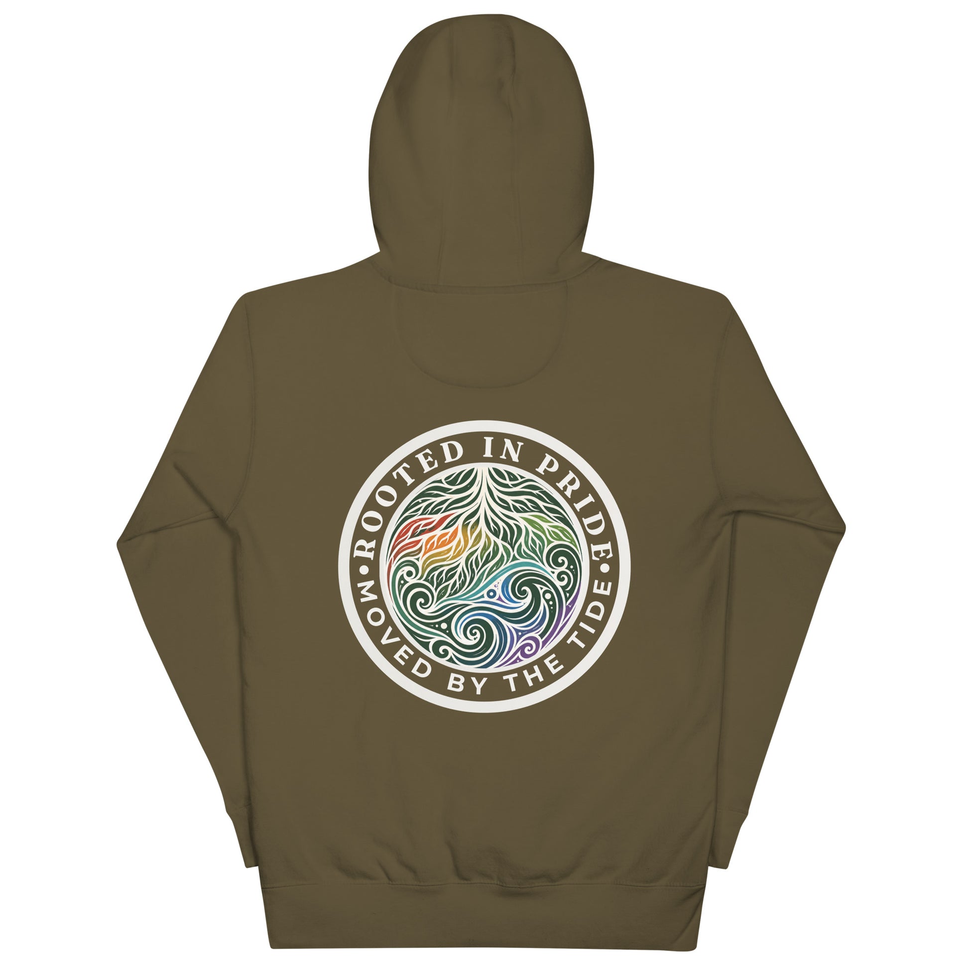 Moved by the Tide Hoodie — military green, back view, queer-owned PNW Pride apparel