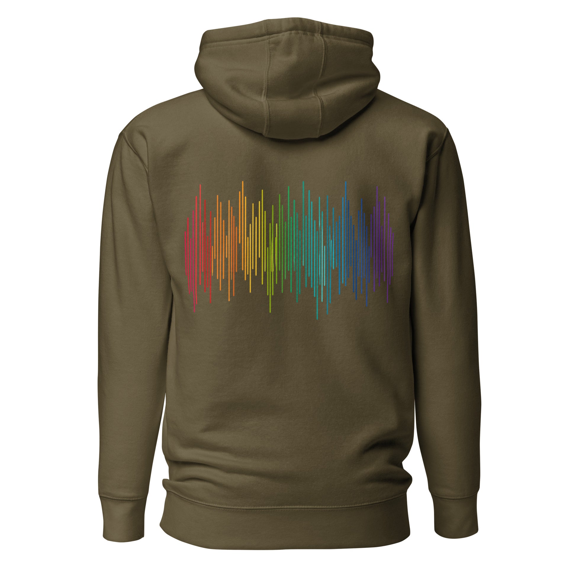 PrideFall Hoodie — military green, back view, queer-owned PNW Pride apparel