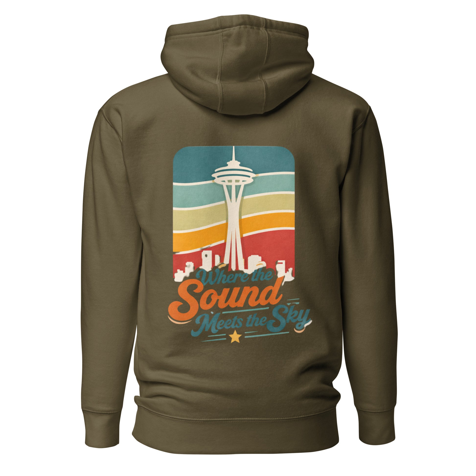 Where the Sound Meets the Sky Hoodie — military green, back view, queer-owned PNW Pride apparel