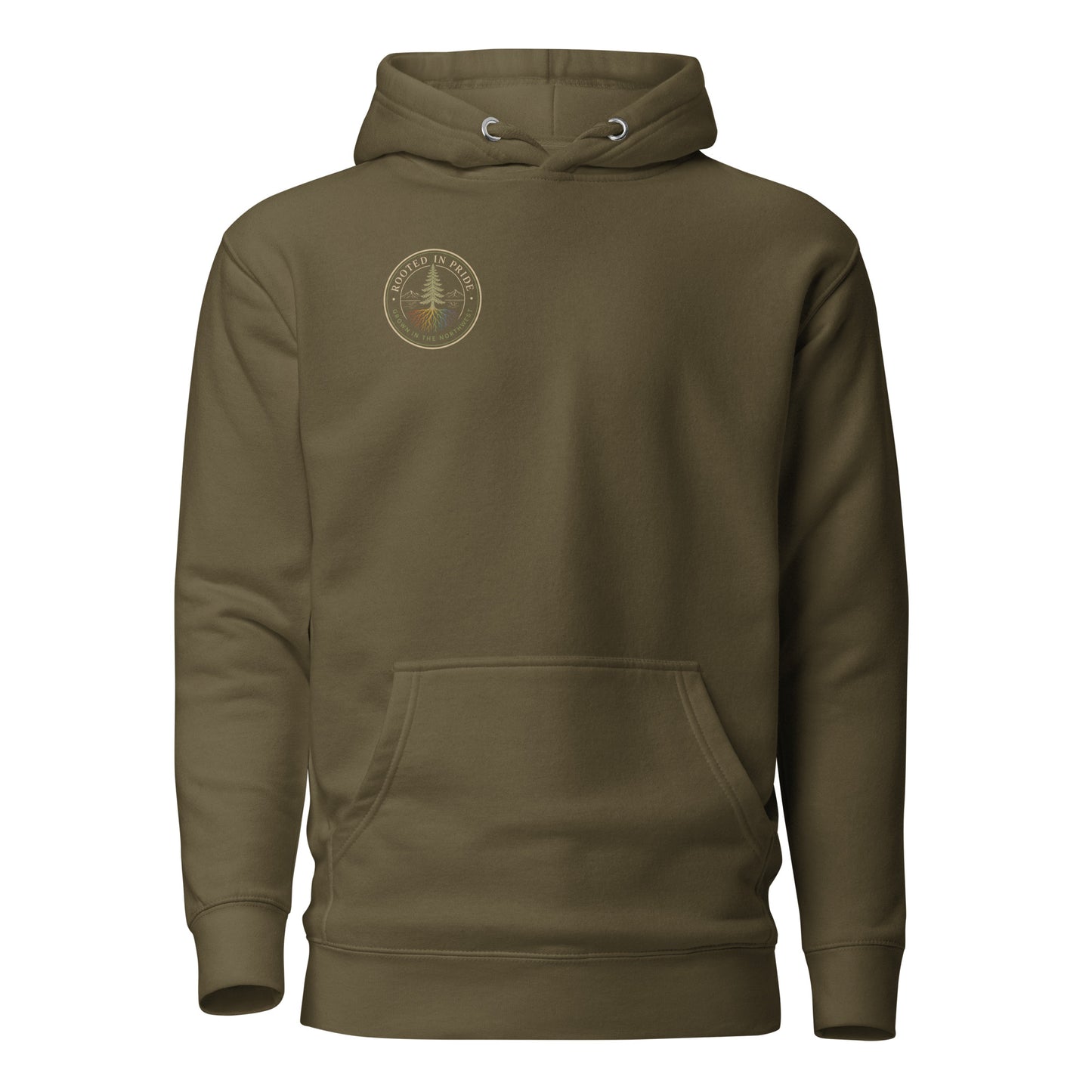 Beneath the Canopy Hoodie — military green, front view, queer-owned PNW Pride apparel
