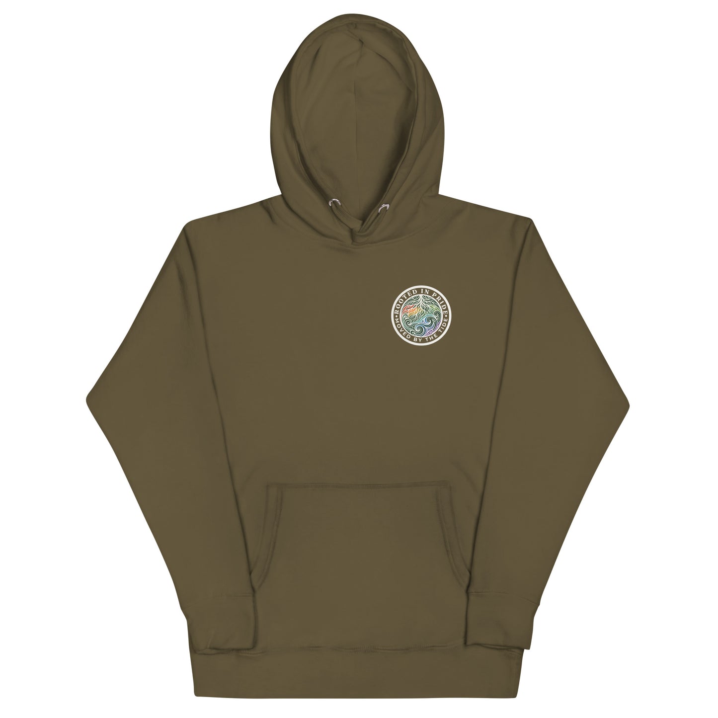 Moved by the Tide Hoodie — military green, front view, queer-owned PNW Pride apparel