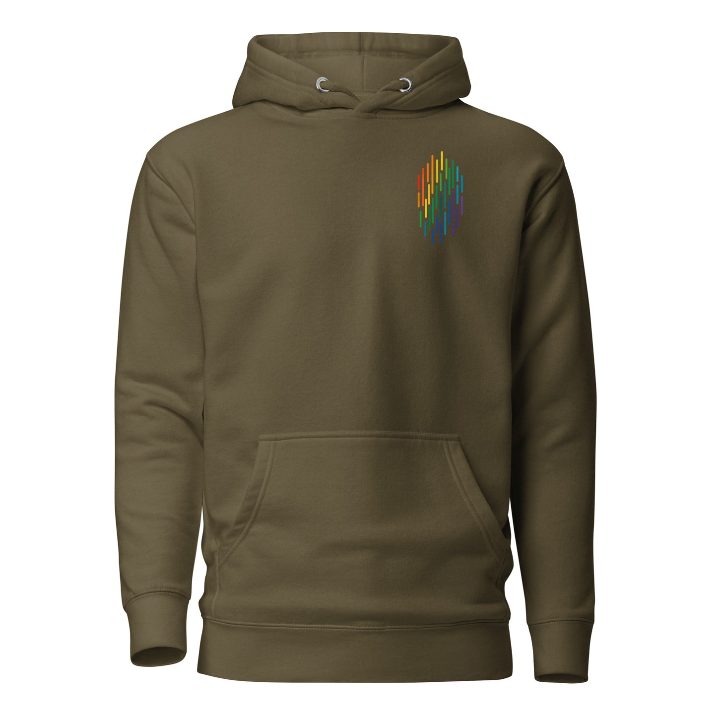 PrideFall Hoodie — military green, front view, queer-owned PNW Pride apparel