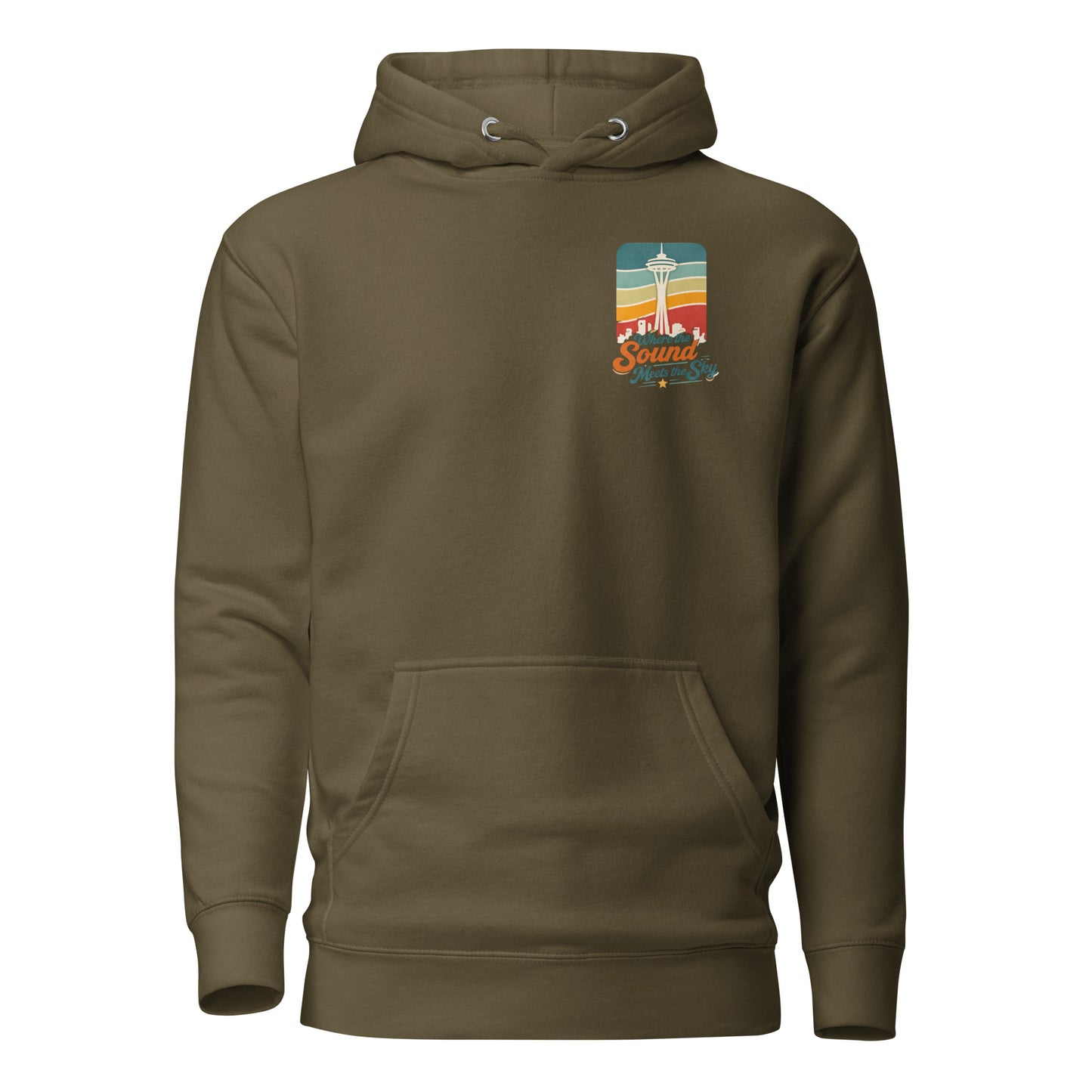 Where the Sound Meets the Sky Hoodie — military green, front view, queer-owned PNW Pride apparel