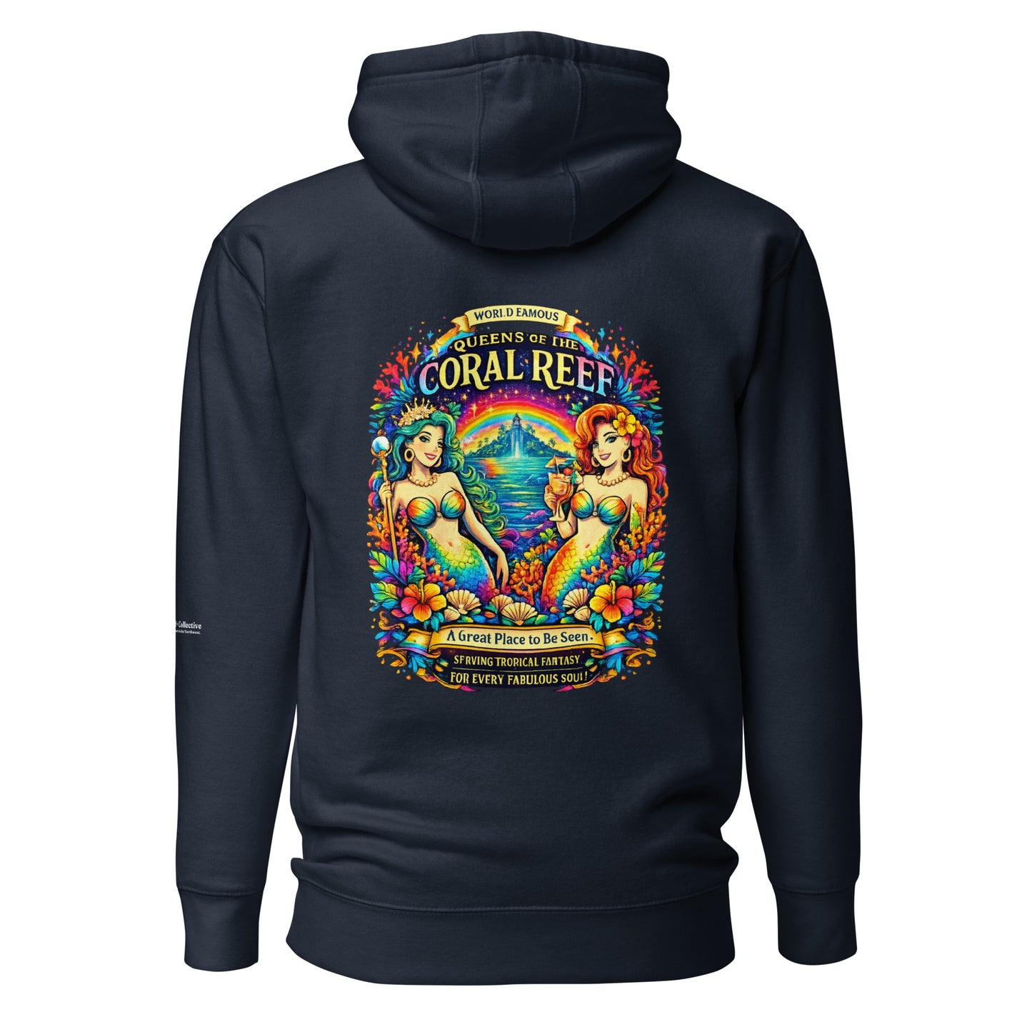 Queens of the Coral Reef Hoodie — navy blazer, back view, queer-owned PNW Pride apparel