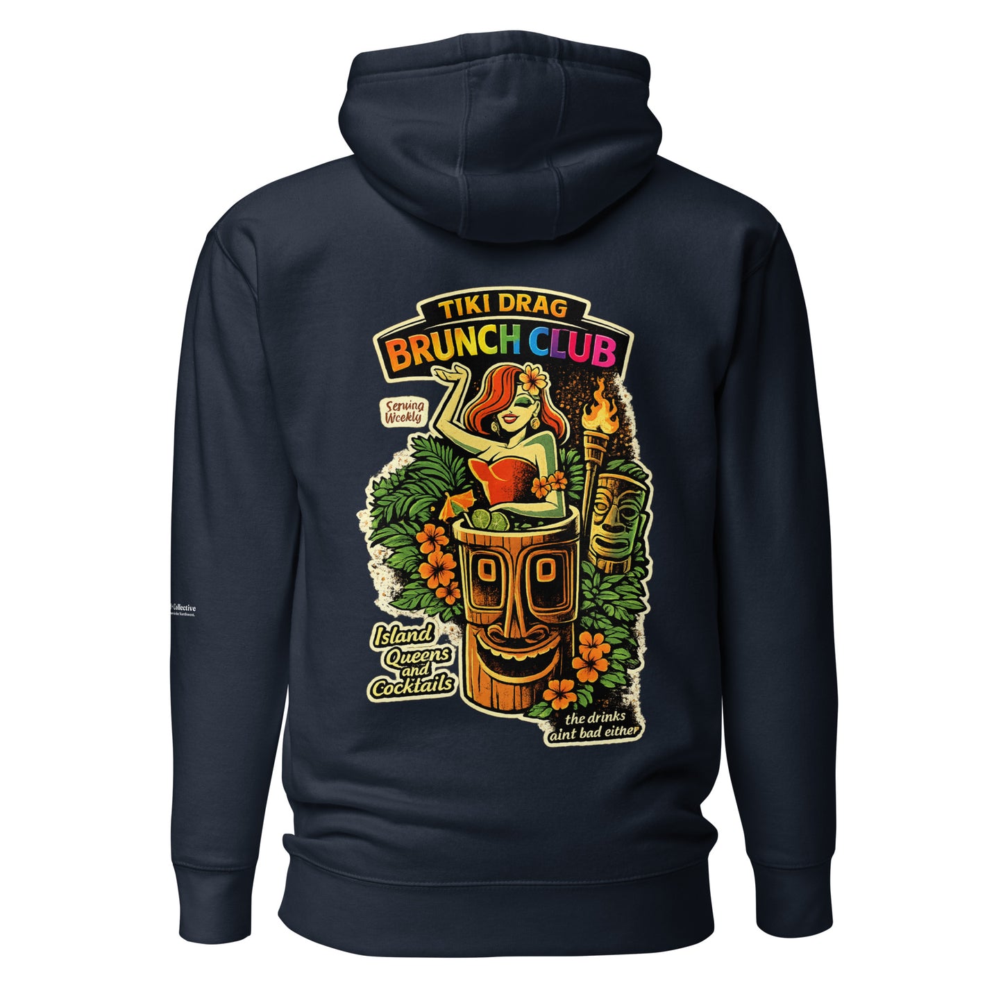 Tiki Drag Brunch Hoodie — navy blazer, back view, queer-owned PNW Pride apparel