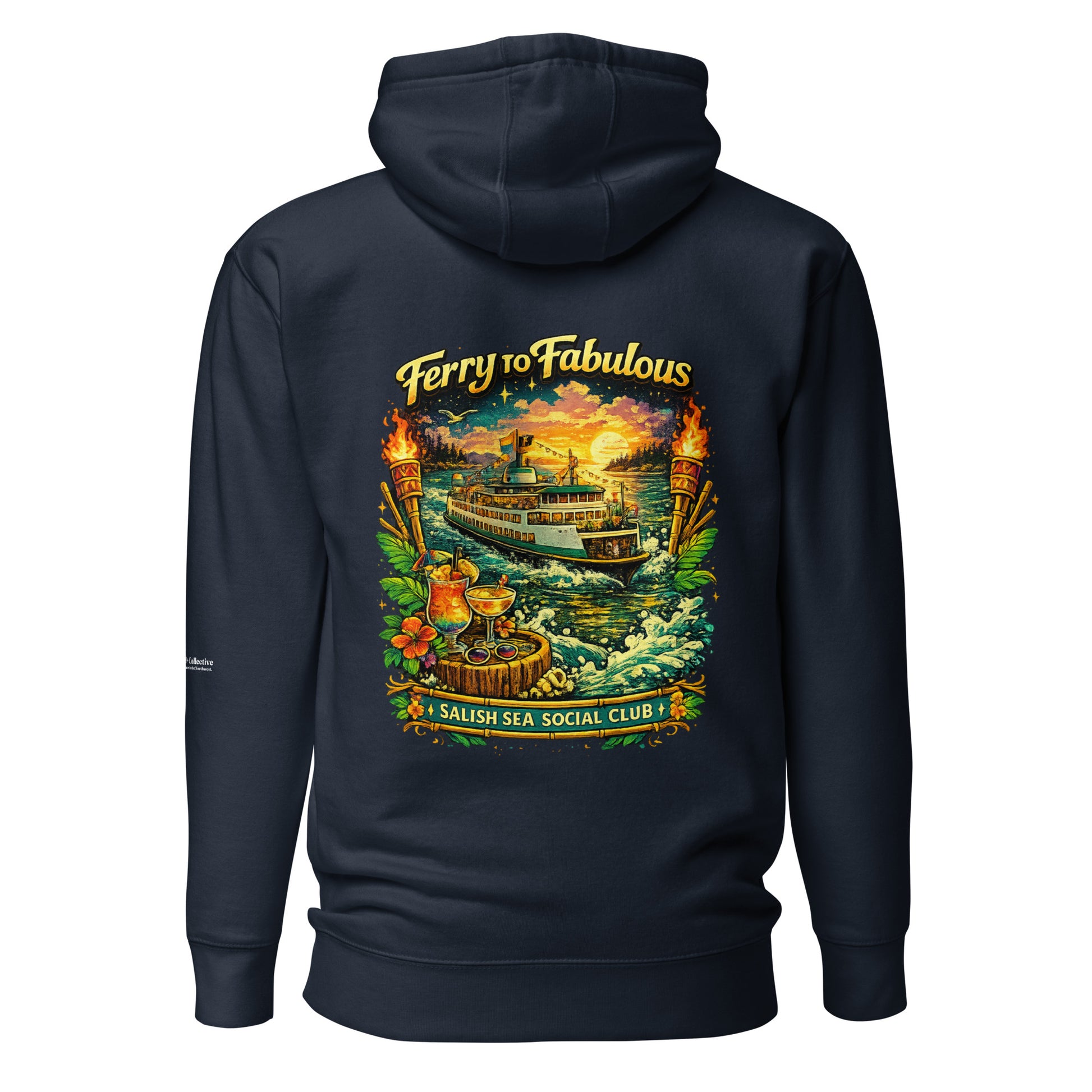Ferry to Fabulous Hoodie — navy blazer, back view, queer-owned PNW Pride apparel