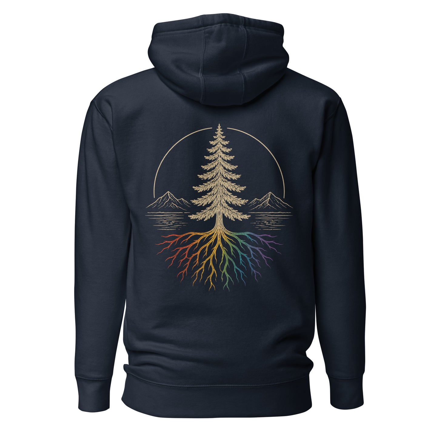 Beneath the Canopy Hoodie — navy blazer, back view, queer-owned PNW Pride apparel