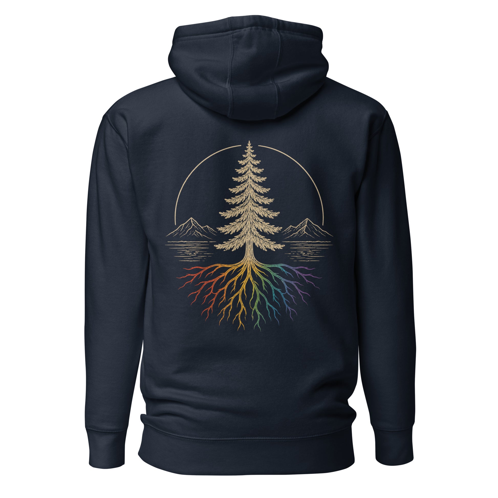Beneath the Canopy Hoodie — navy blazer, back view, queer-owned PNW Pride apparel
