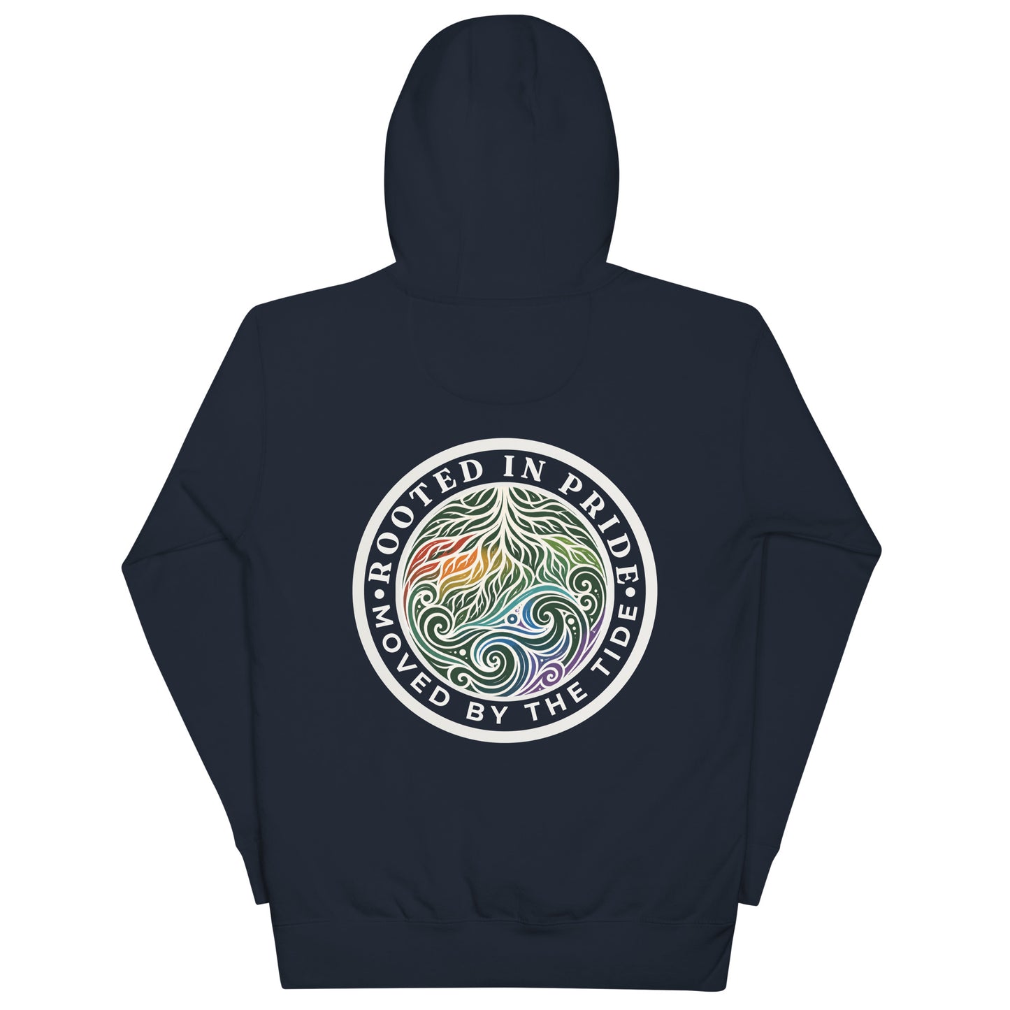 Moved by the Tide Hoodie — navy blazer, back view, queer-owned PNW Pride apparel